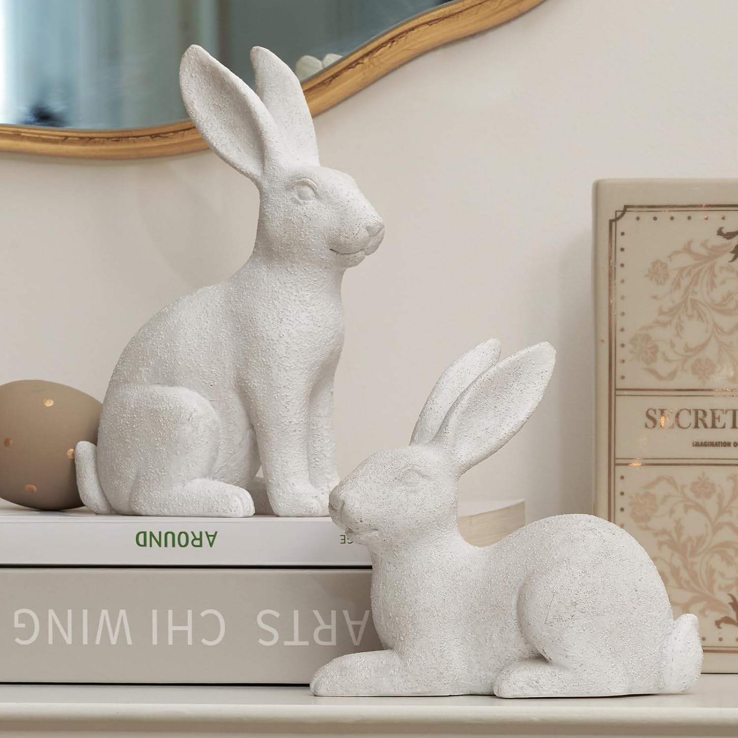 White Frosted Resin Bunny Figurines Set of 2, Rabbit Statues Indoor Easter Decorations for Spring Home Decor, Decorative Easter Bunny Ornaments for Table Centerpiece Living Room Decor