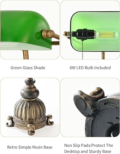 Miniatura 6 de Newrays Lámpara de escritorio retro de cristal verde para oficina en casa, biblioteca con interruptor de cadena de tracción enchufable, bombilla LED