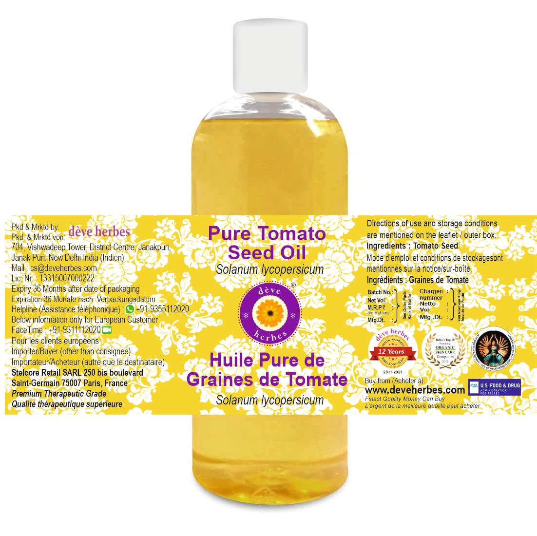 Deve Herbes Pure Huile de Graine de tomate (Solanum lycopersicum) qualité thérapeutique naturelle (Paquet de Deux) 100ml X 2 (6,76 oz)