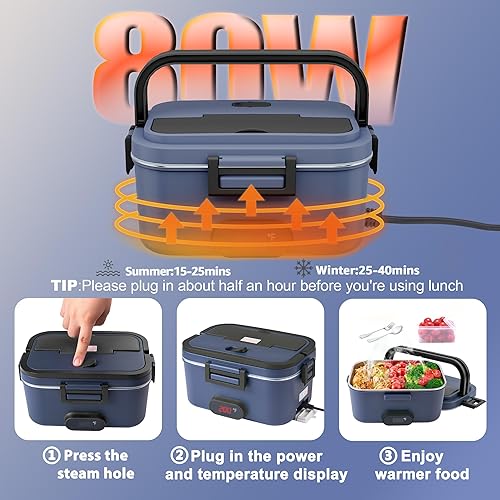 Miniatura 5 de Fiambrera eléctrica para adultos con pantalla de temperatura, fiambreras calentadas de 80 W para hombres con contenedor de acero inoxidable de 1.8