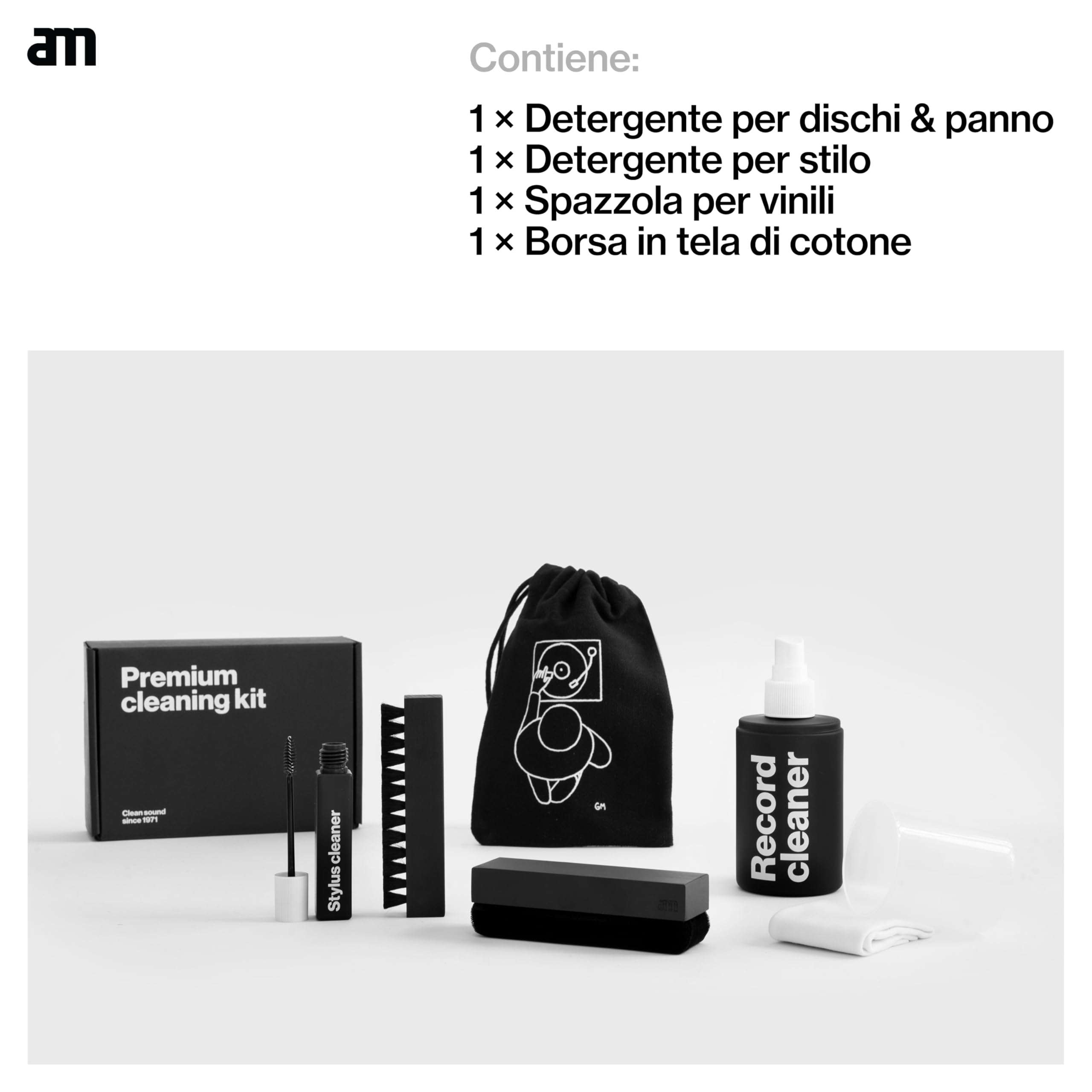 am Kit Pulizia Vinili 4 in 1 – Spray Pulizia Dischi da 200 ml, Stylus Cleaner, Spazzola in Velluto e Spazzola in Setole di Capra per Giradischi e Dischi in Vinile