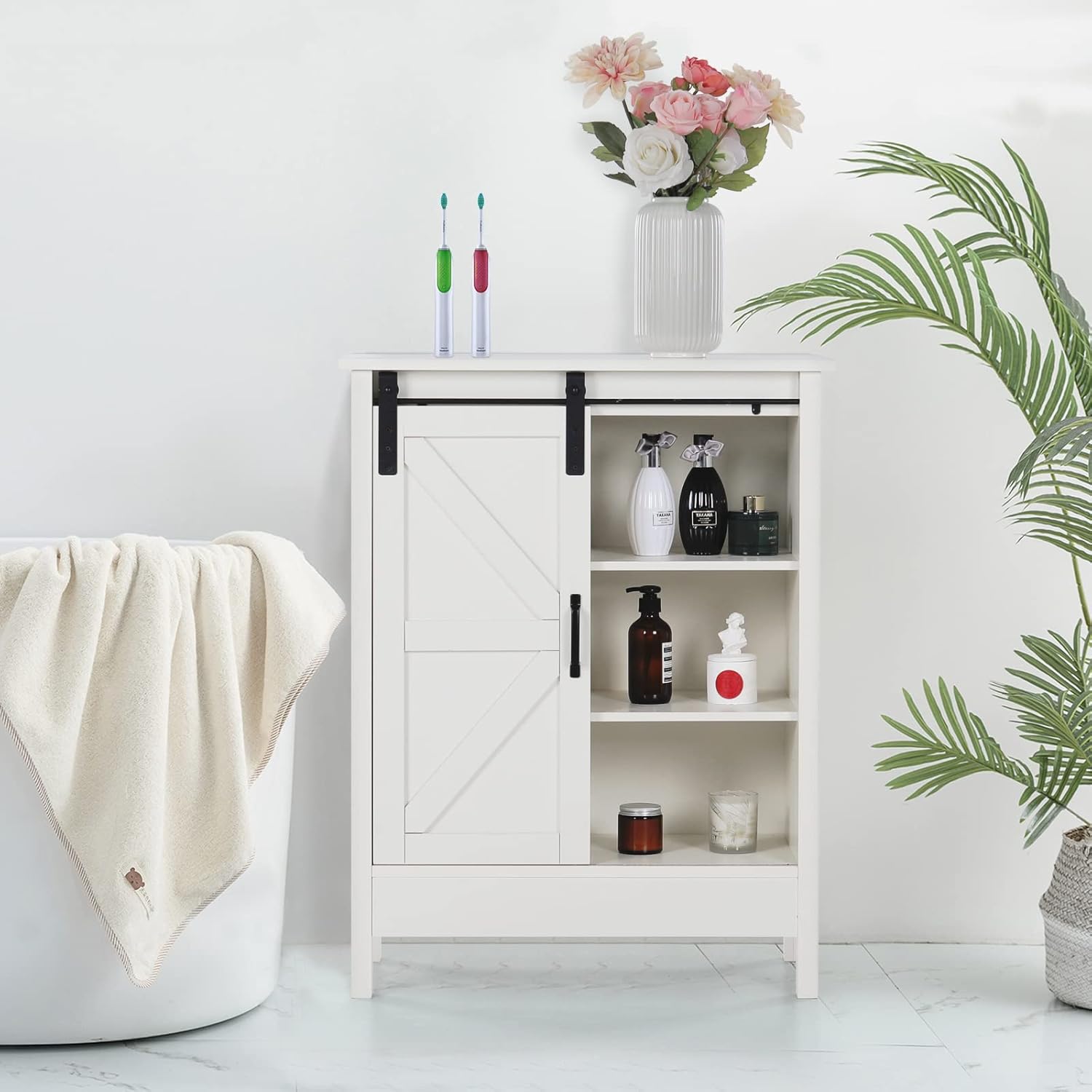 MAISON ARTS Bathroom Floor Storage Cabinet with Sliding Barn Door, Buffet & Sideboards Cabinets Farmhouse Storage Cabinet for Living Room, Kitchen, Bathroom, Bedroom, Creamy White