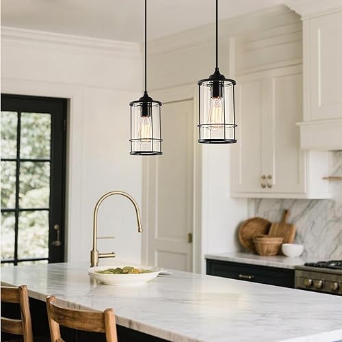 Miniatura 2 de Luces colgantes, lámparas colgantes negras para isla de cocina, paquete de 2 con vidrio transparente, iluminación colgante de jaula industrial