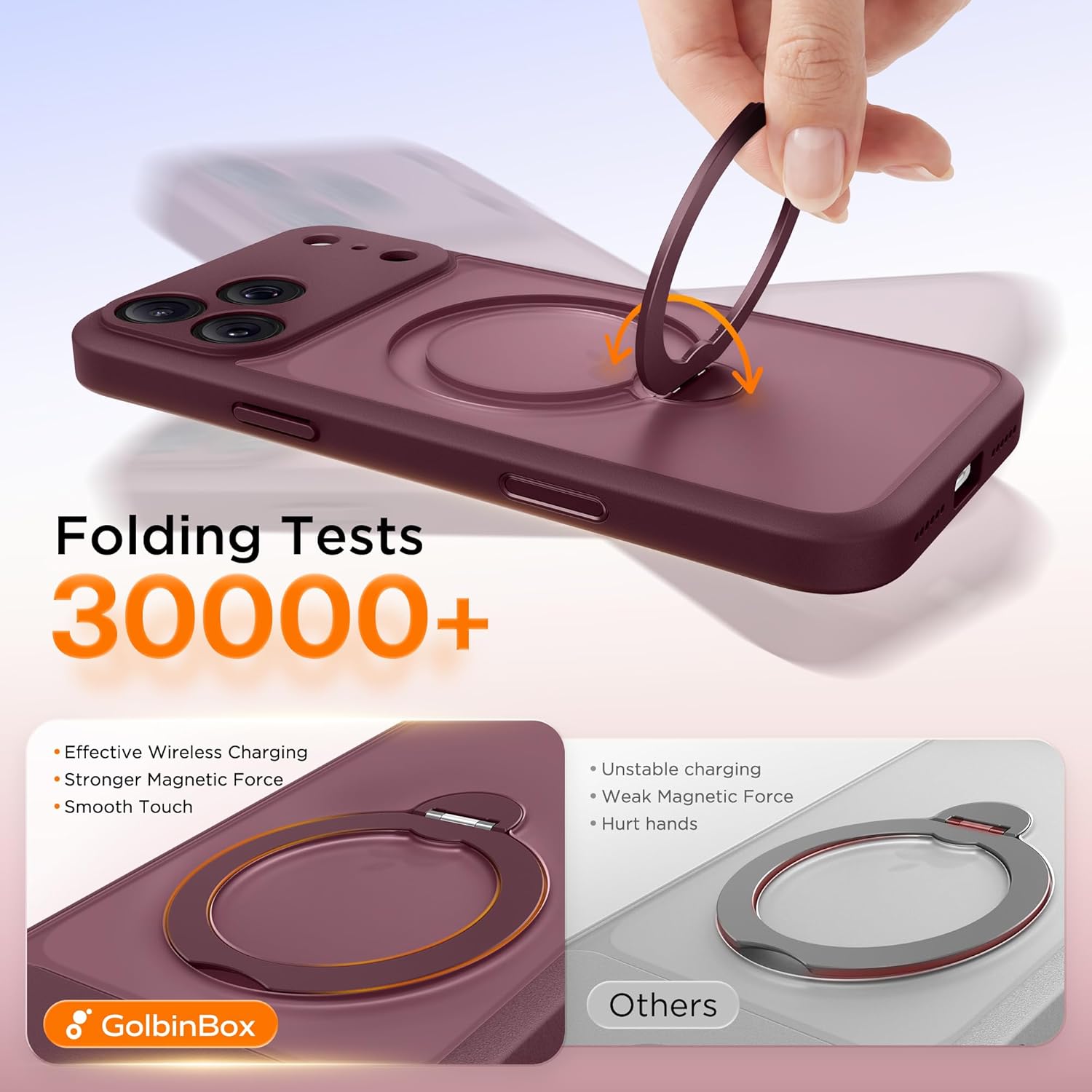 GolbinBox 360° Spin Magnetic Stand for iPhone 17 Pro Case, [Compatible with MagSafe] [Full Camera Protection] [16FT Military Drop Protection], Silm Translucent Matte Phone Case, Wine Red - Image 6