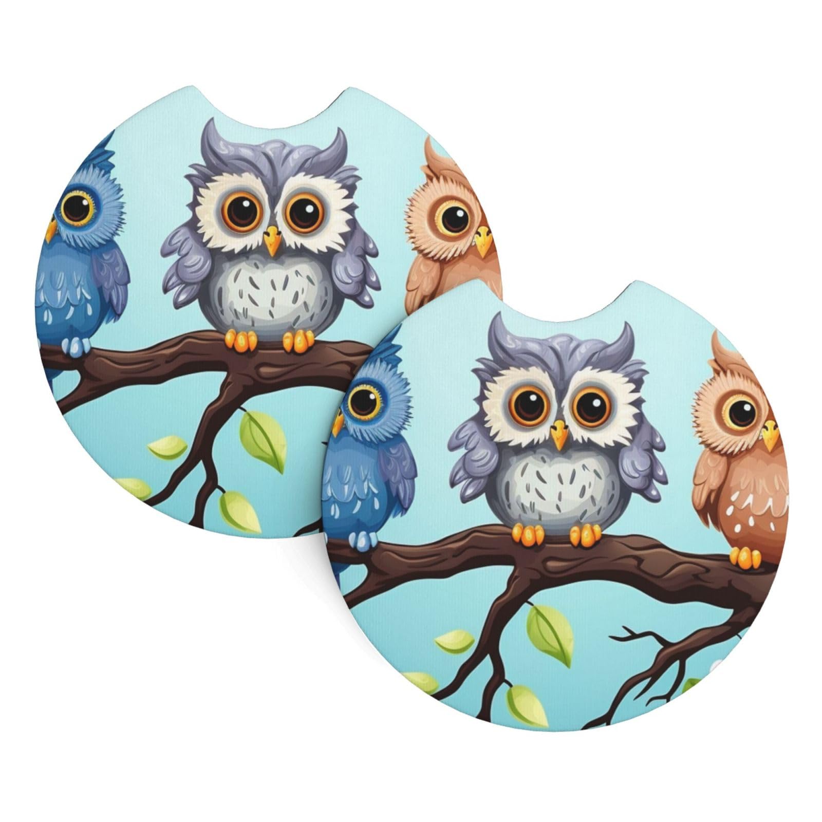 2 Pack Car Coaster for Cup Holders Owls on a Branch Car Cup Coaster 2.7" Neoprene Non-Slip Automotive Cup Mat Universal Auto Car Interior Accessories for Women Men Cup Pad
