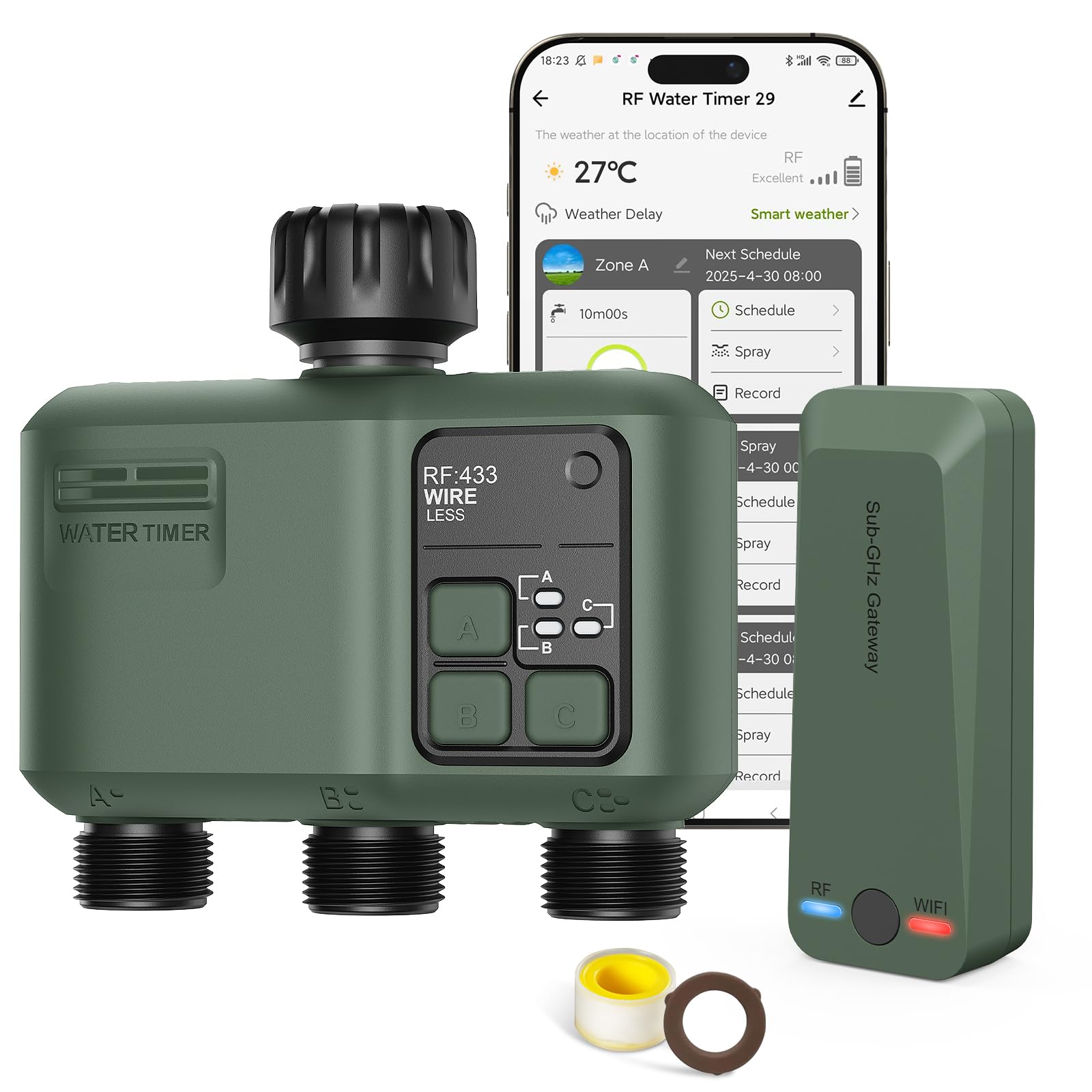 Smart Sprinkler Timer 3 Zone for Garden Hose, WiFi Water Timer with 984ft RF Range, Smart Lawn Watering System Irrigation Controller, APP/Voice Control, Rain Delay, Automatic/Manual Irrigation