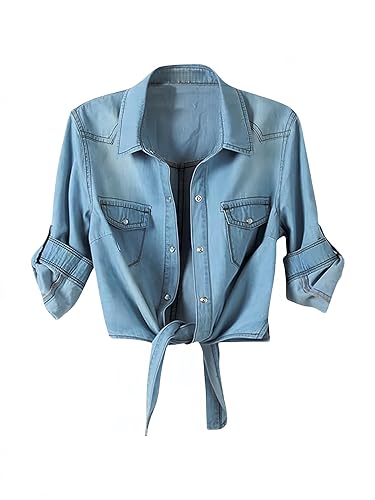 Simier Fariry Womens Tie Front Denim Shirt Summer Lightweight Jean