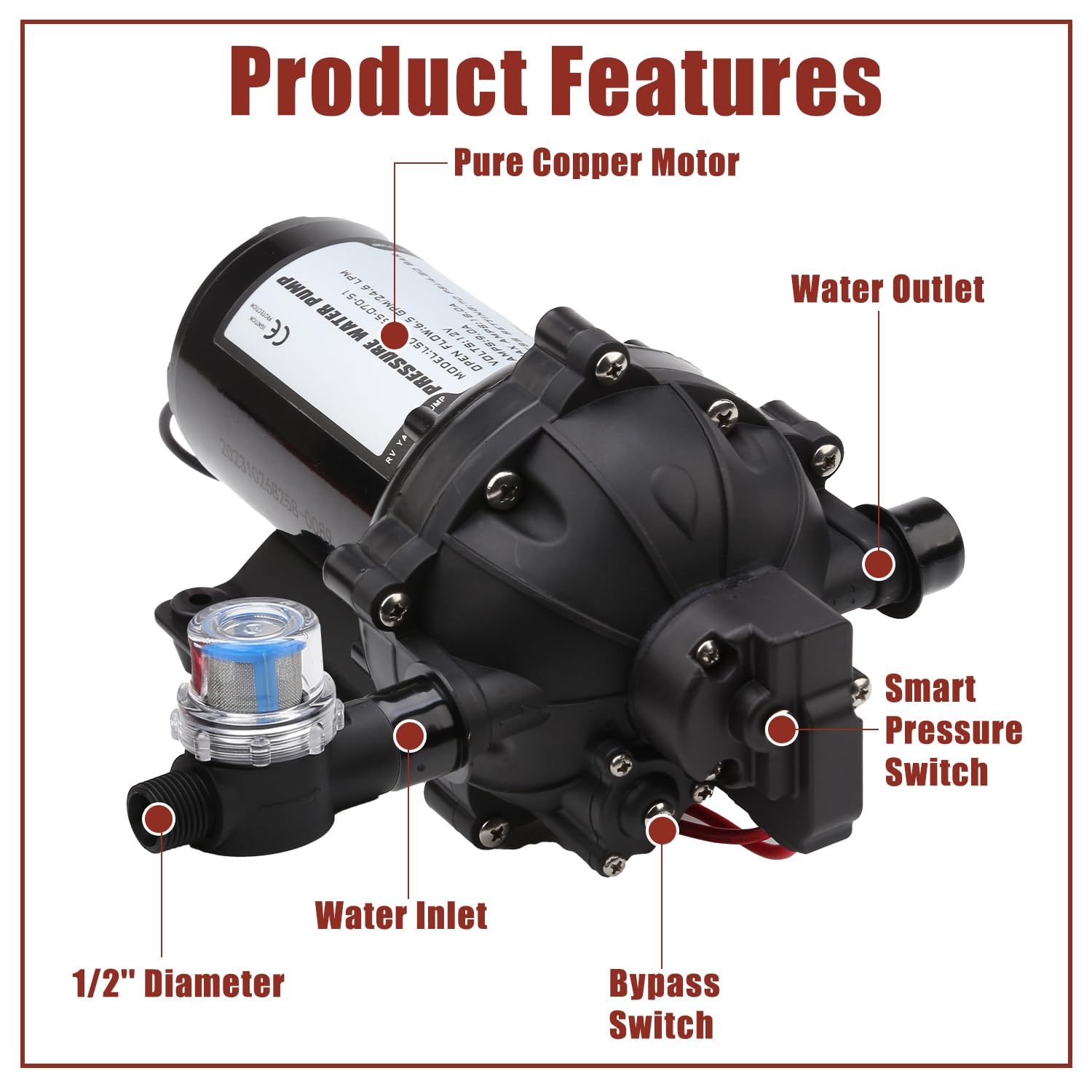 Pompa a membrana a pressione dell'acqua da 12 V, 70 PSI 6,5 GPM RV autoadescante con adattatori per tubo flessibile per irrigazione, yacht, autolavaggio