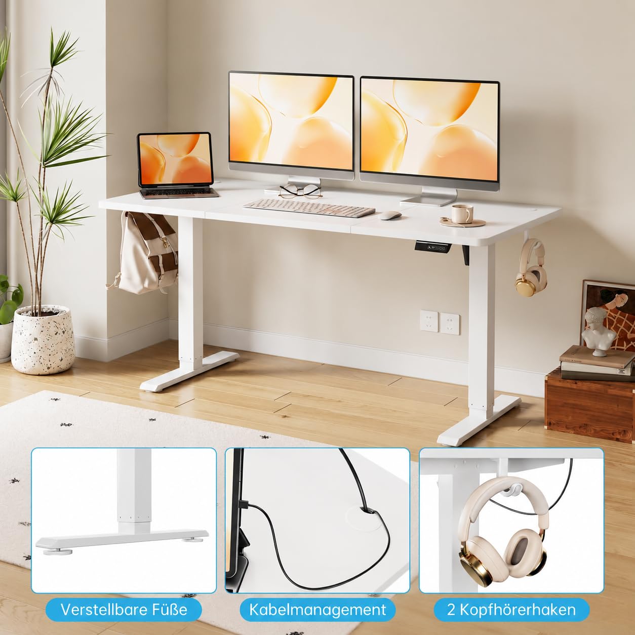 Zstar Elektrischer Schreibtisch höhenverstellbar mit Memory | 120 × 60 cm, 3 Speicherpositionen, Steh-Sitz-Tisch mit 2 Haken für Büro und Wohnzimmer