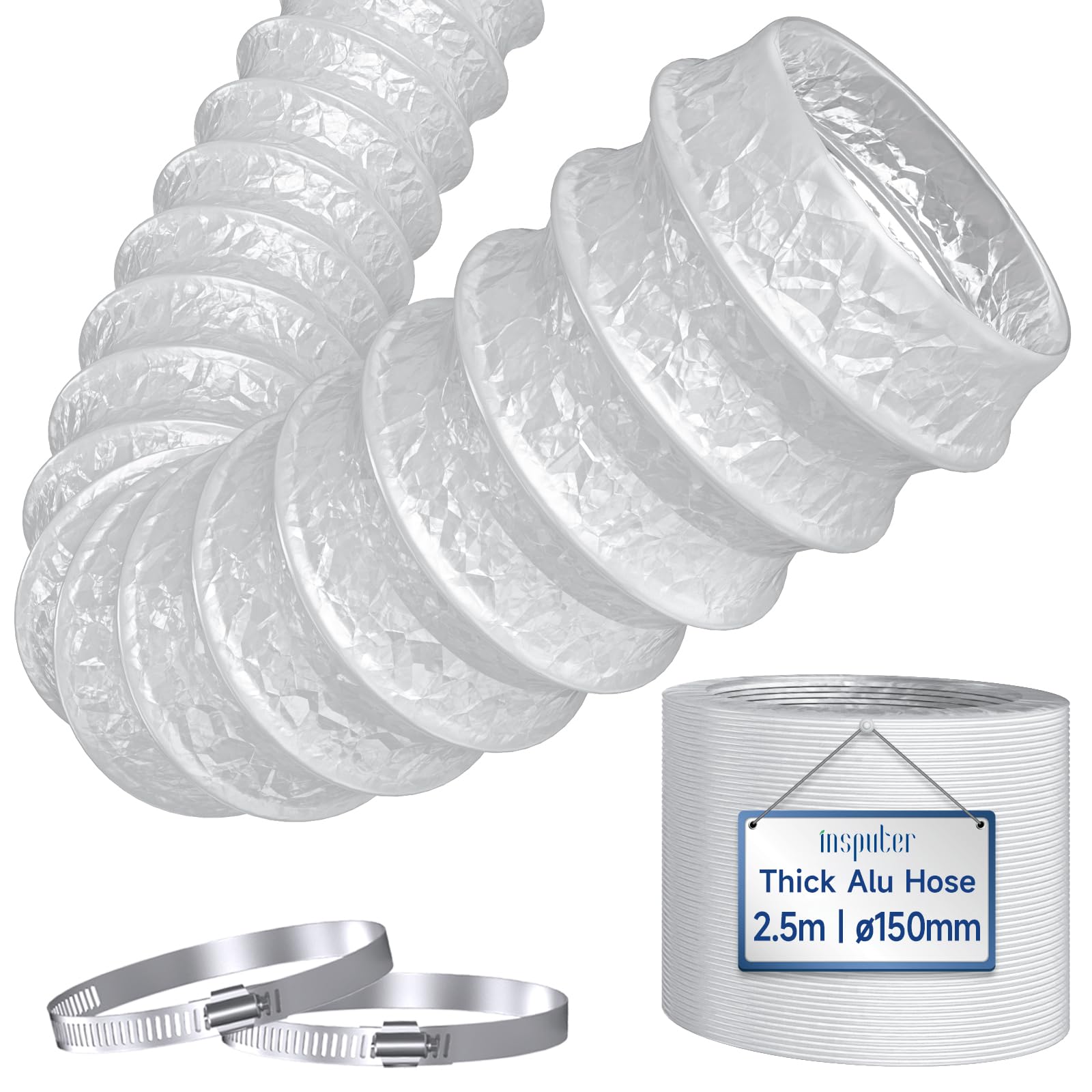 Insputer 150 mm Ducting Thickened Alu Metal Vent Hose 2.5 m Long, 6 Inch Flexible Ducting with 2 Duct Clamps, Heavy-Duty Alu Hose for Cooker Hood, Tumble Dryer, Duct Fan, Portable AC