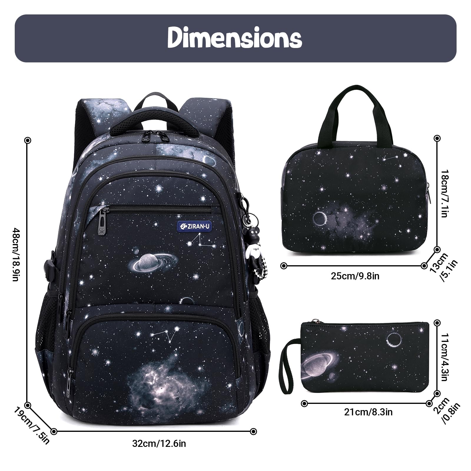 Amythe Sac à Dos pour Adolescents 3 Pièces, Cartable Garçon Primaire College, 30L Sac Ecole Décontracté Imperméable pour Filles Garçons Adulte, avec Sac à Déjeuner et Trousse, Noir