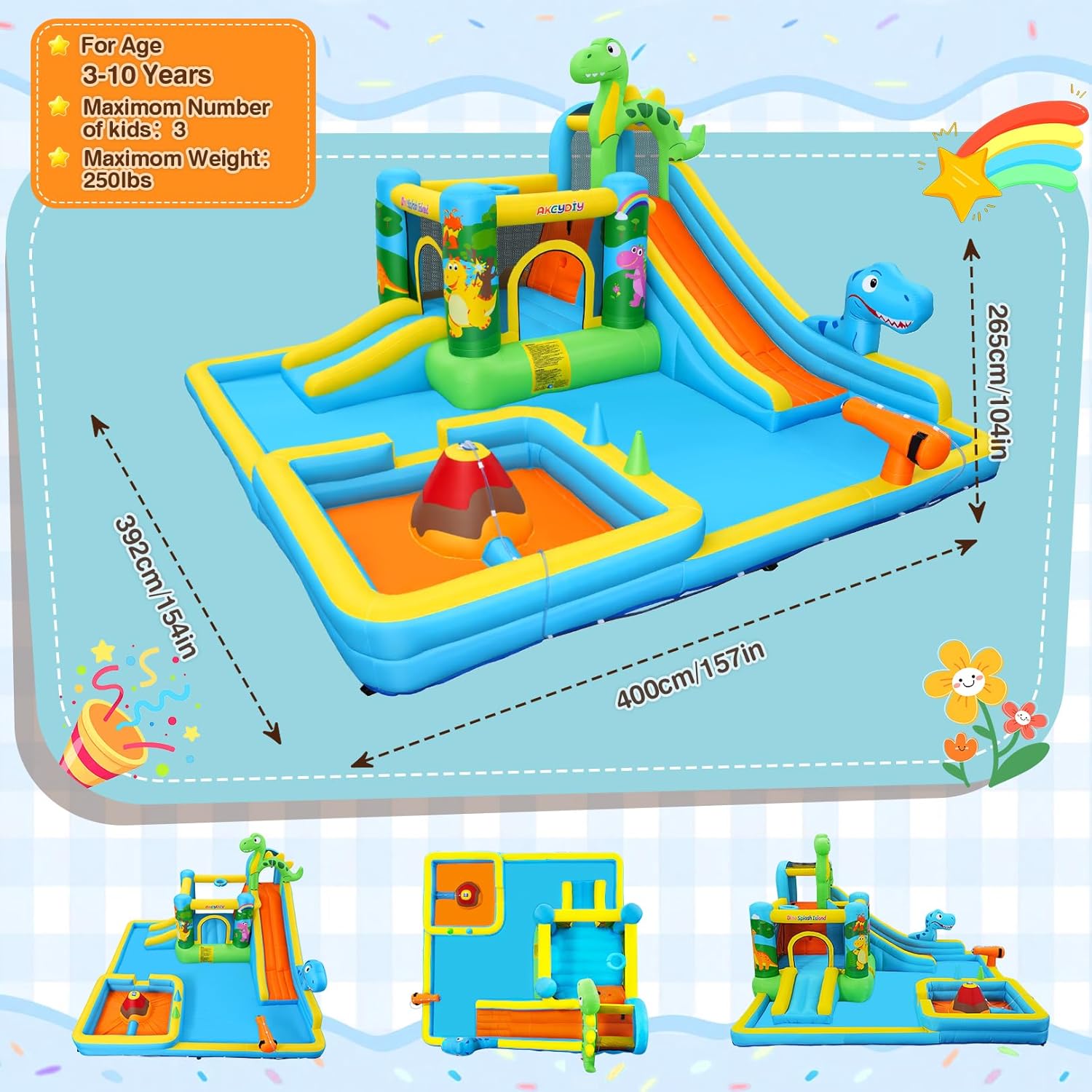 AKEYDIY Bounce House Water Slide, Inflatable Water Slide Dinosaur Water Park with with Long Slide, Pool, Climbing Wall, Water Gun for Outdoor, Blow up Bounce House Castle for Kids Backyard Party Gifts
