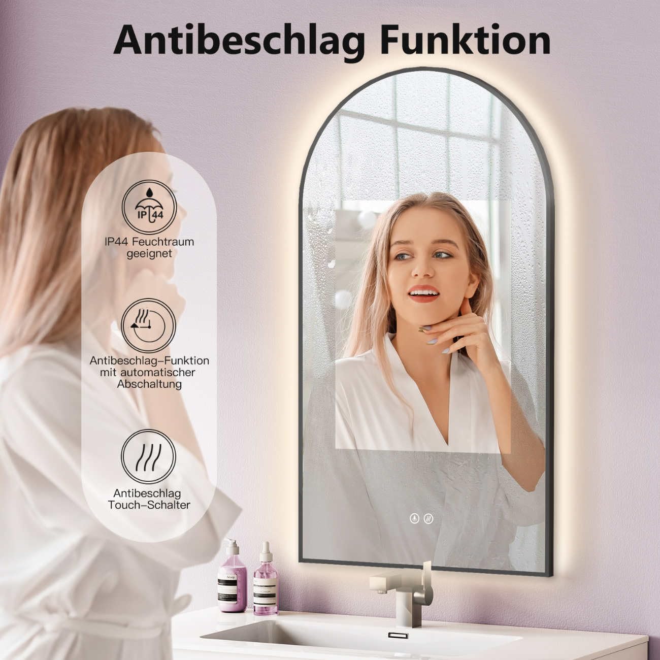 HOKO Antibeschlag LED Bogenspiegel 60x100 cm / 100x60 cm Fontana mit Schwarzer Metallrahmen, HOCH+QUER Montage. Arch Badspiegel+Touch Schalter+Licht Wechsel 2700-6500K, Warmweiß-Kaltweiß-Neutral