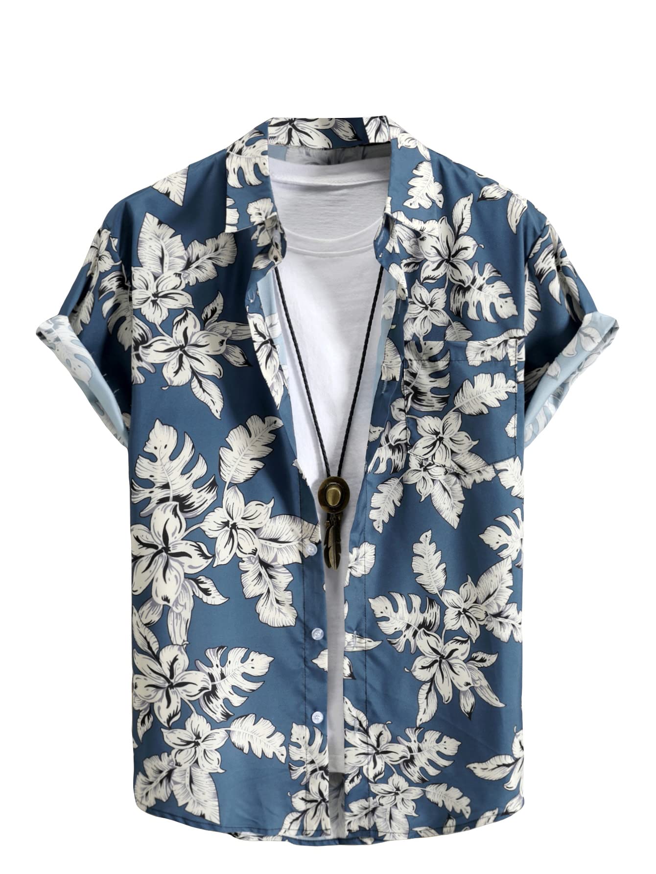 GORGLITTERMen's Tropical Print Collar Tops Button Front Short Sleeve Shirts with Pocket