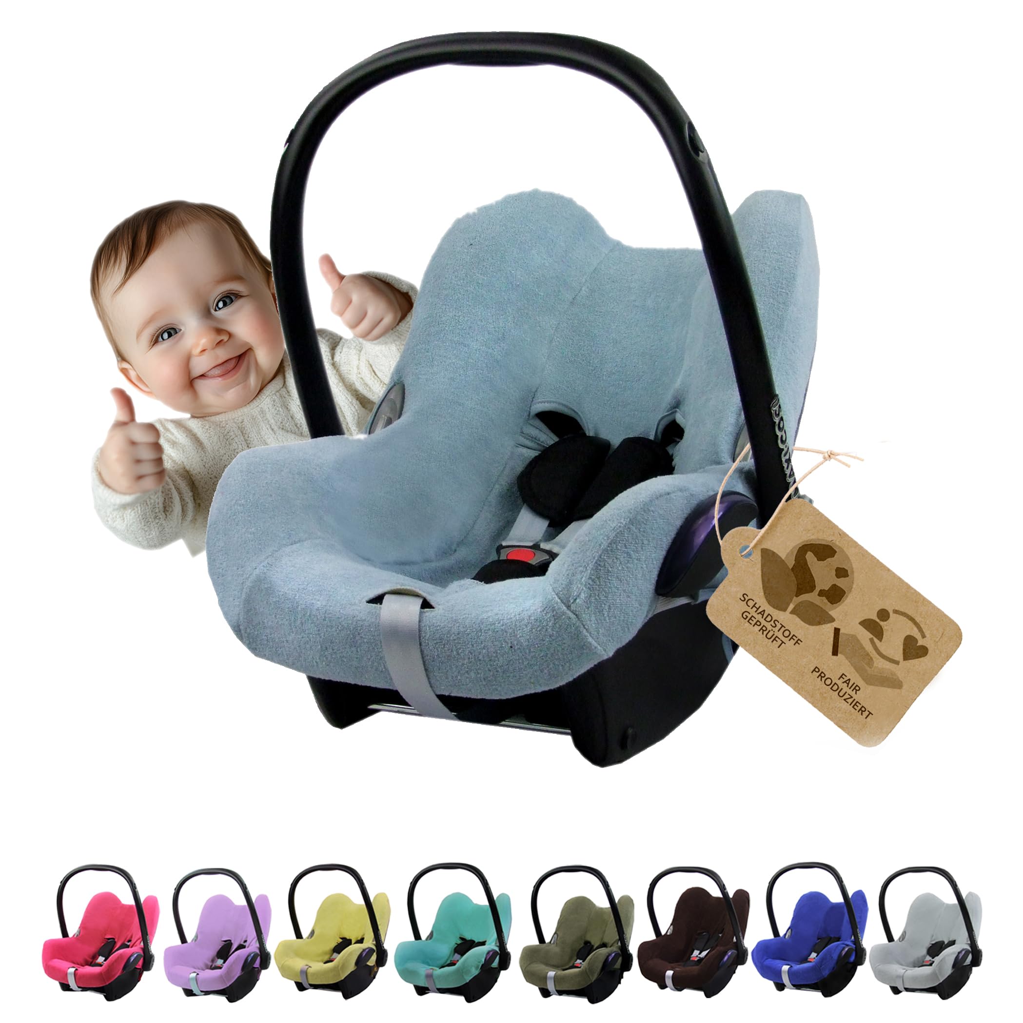 Frottee Sommerbezug [Schonbezug für Babyschale] Autositz kompatibel mit Maxi Cosi Cabrio Fix + GRATIS Gurtpolster (blau-grau)