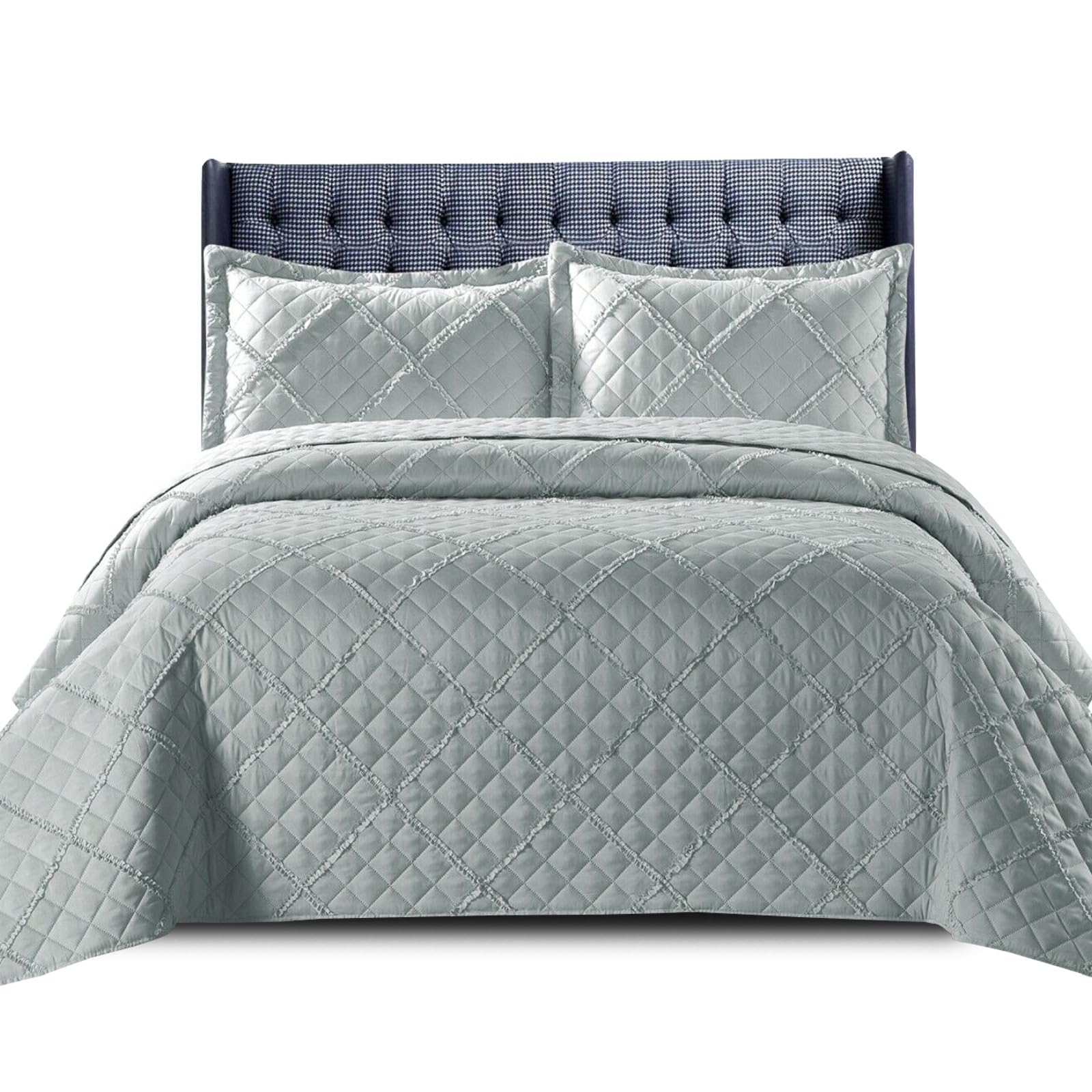 Modern & Stylish Embossed Ruffle Quilted Bedspread Bed Throw Single Double King size bedding set (Silver-Ruffle, Super King)