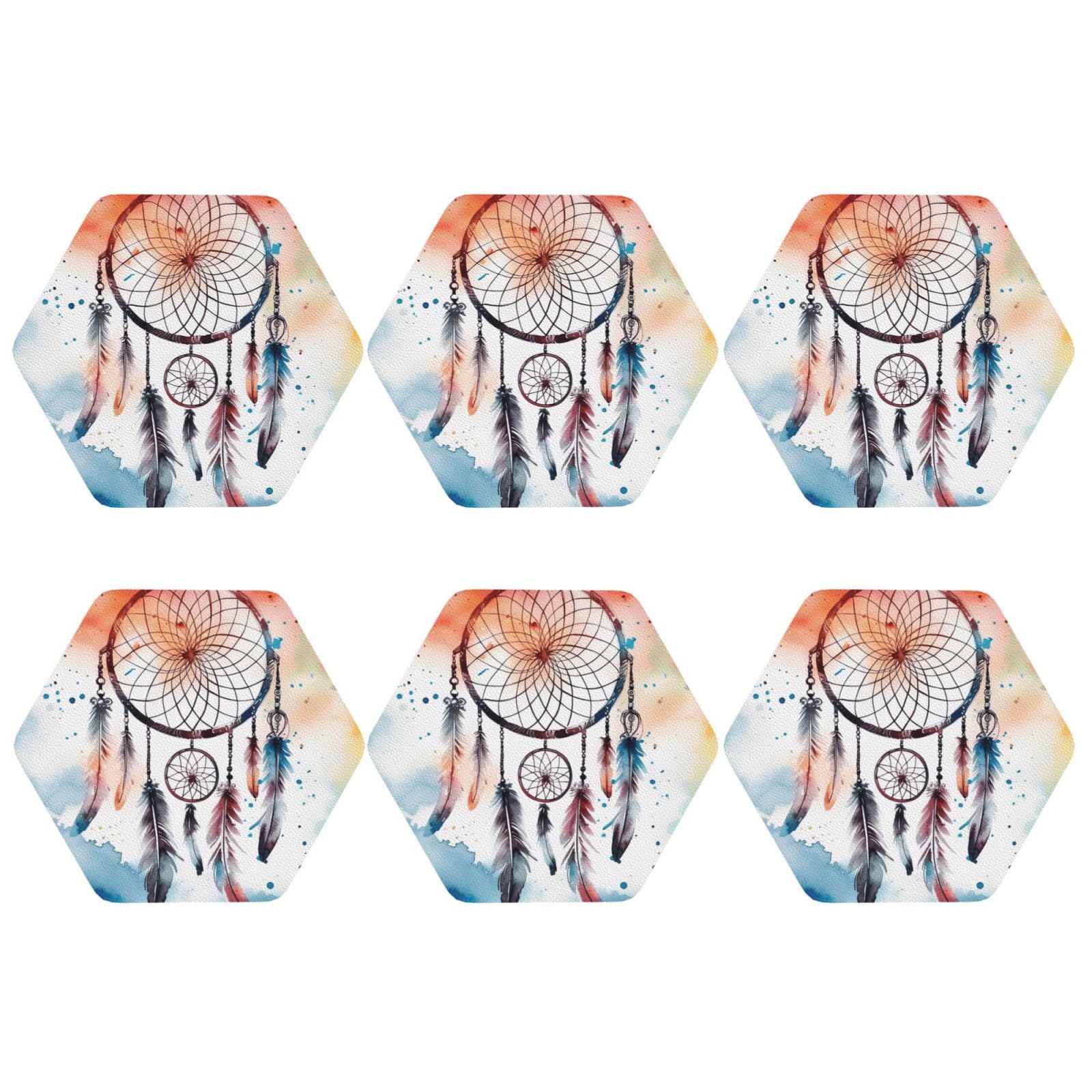 6pcs Leather Coasters for Drinks, Watercolor Dream Catcher Drink Coasters for Tabletop Protection, 4" Cup Coasters for Coffee Table Decor, Non-Slip Drinking Cup Mat for Hot Or Cold Drink