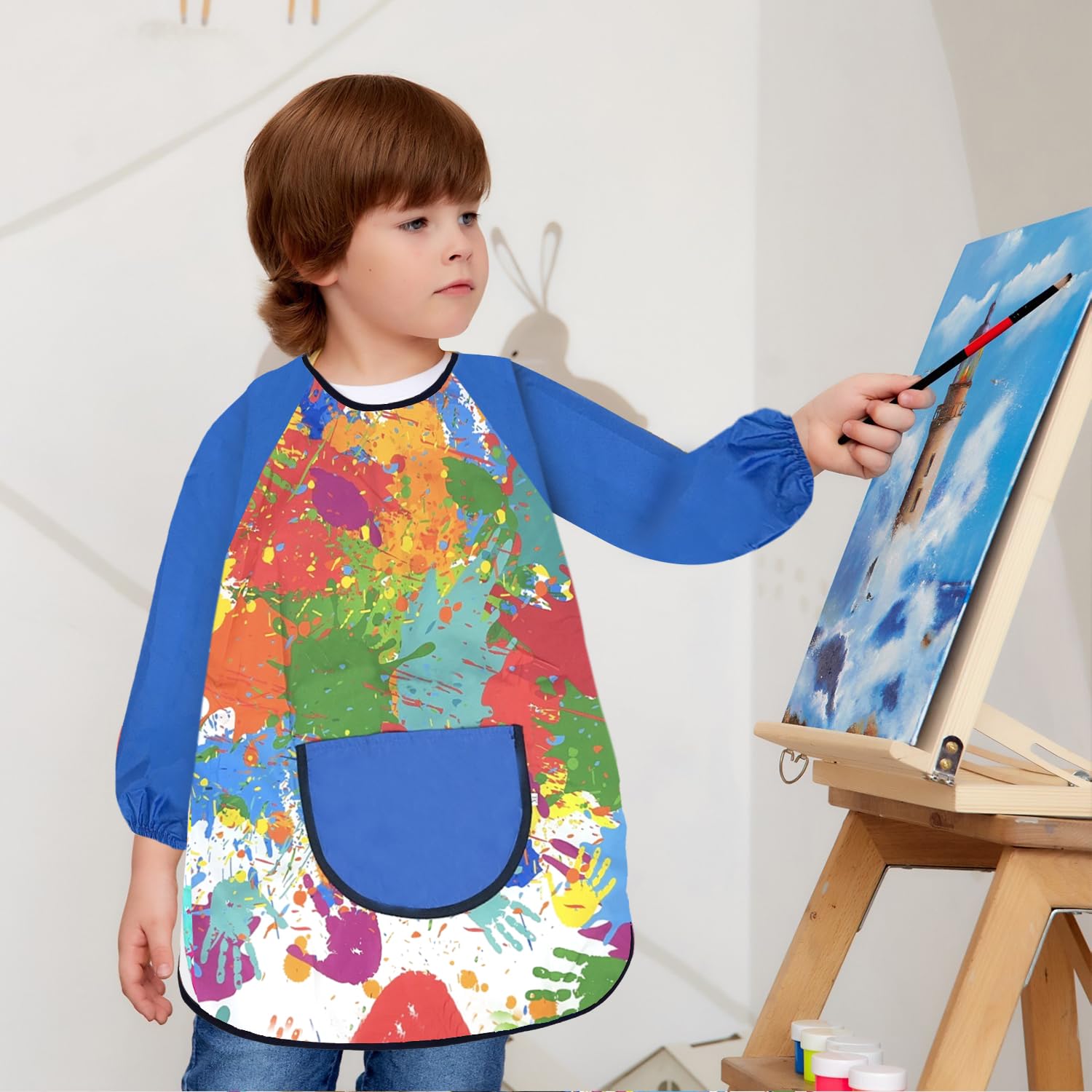 LECTNORE Kids Painting Apron Waterproof Painting Apron Long Sleeve for Kids Children's Art Smock with Pockets for Painting Cooking Eating(Height 100-120cm,Blue sleeves) - Image 2