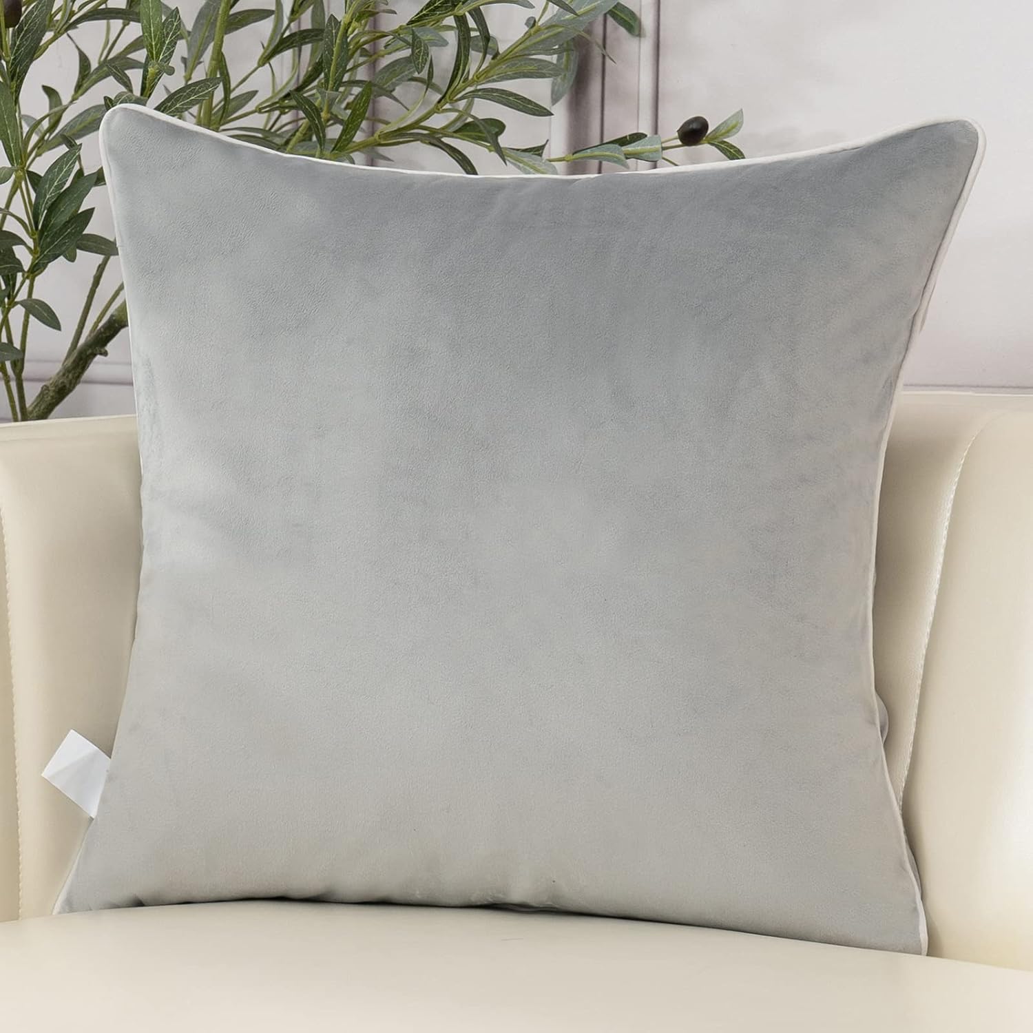Aeckself Farmhouse Throw Pillow Cover 20 x 20 Inch, Velvet Embroidery Leaves Square Pillow Cover Luxury Modern Decorative Pillowcase for Couch Living Room Bedroom, Gray White - Image 2