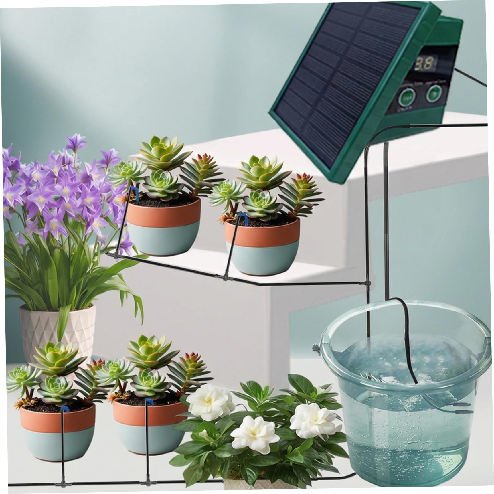 Sistema di irrigazione solare a goccia – Kit di irrigazione automatica delle piante con pannello solare e timer per giardino interno/esterno