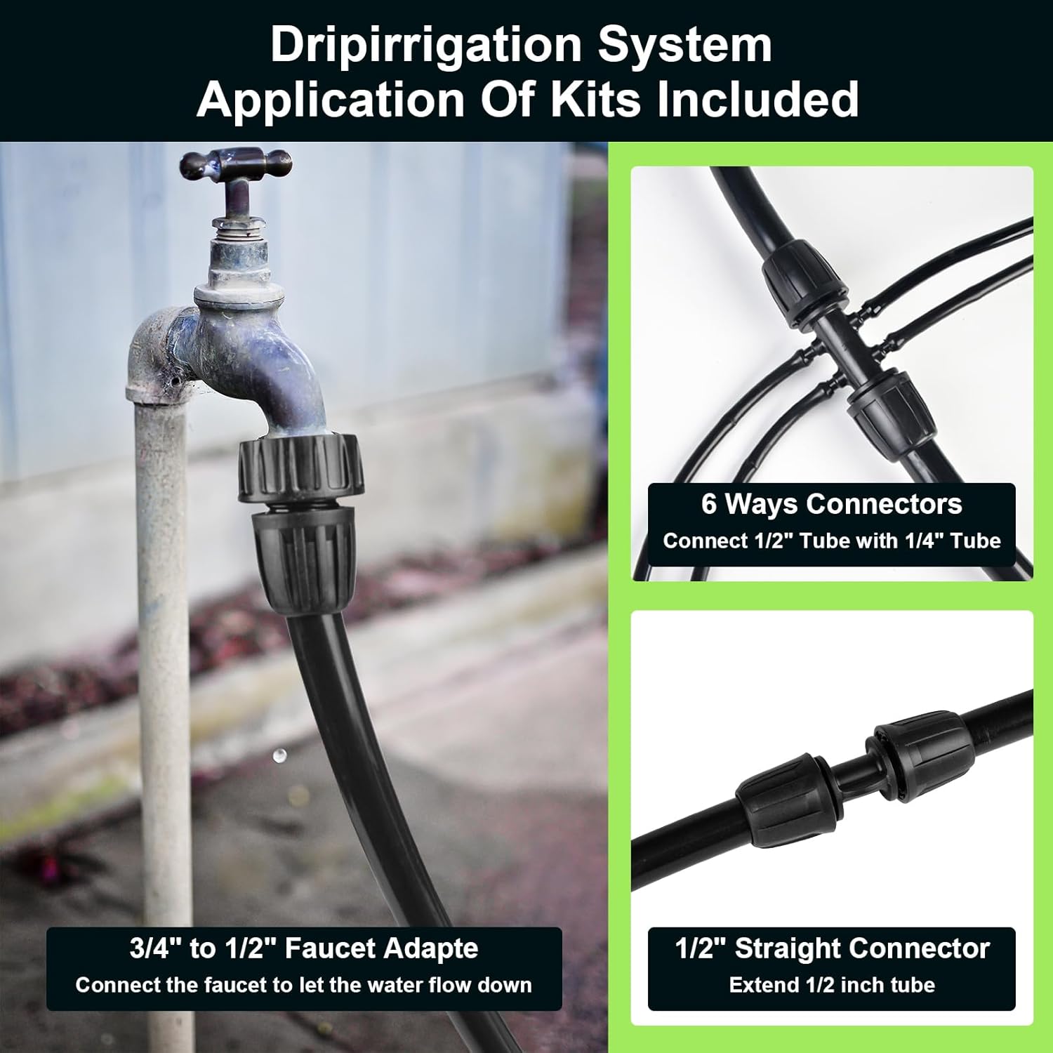 50FT 1/2 Inch Drip Irrigation Tubing Main Line Hose Tube, Drip Line Irrigation System Includes 2pcs 6-Way Connector & 1/2" Straight Connector & 3/4" to 1/2" Faucet Adapter for Garden Watering