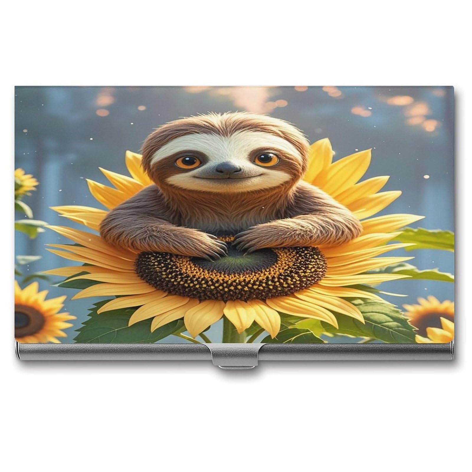 FekiLoot Cartoon Sloth Sitting on Sunflower Business Card Holder Aluminum Alloy Business Card Case Convenient to Carry Business Card Dispenser for Men Women