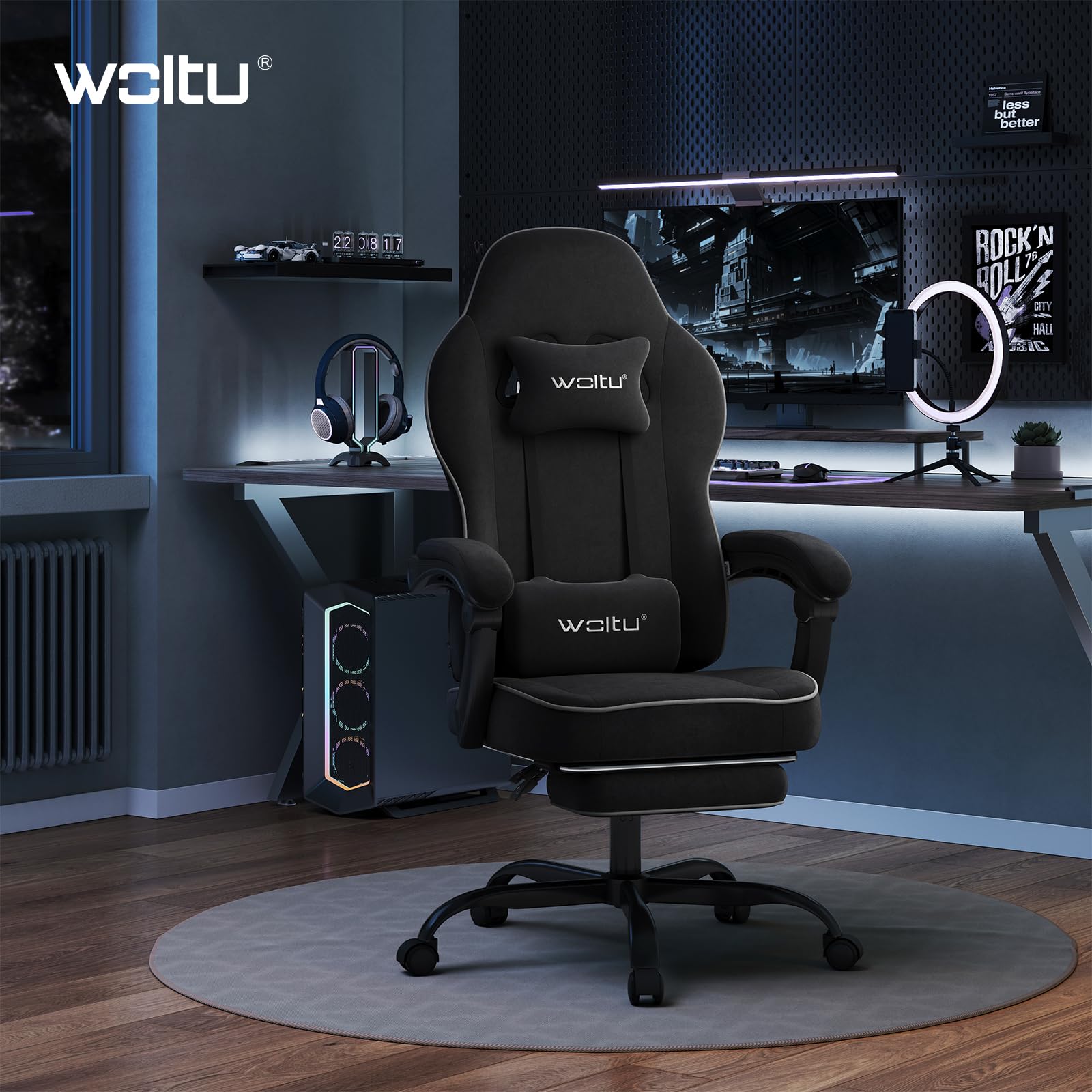 WOLTU Sedia Gaming, Ampia Sedia da Ufficio Ergonomica Imbottita con Cuscino a Molla, Alta Capacità di Carico, Poltrona per Computer con Schienale Alto e Poggiapiedi, Tessuto Tecnologico, Nero, GS10sz