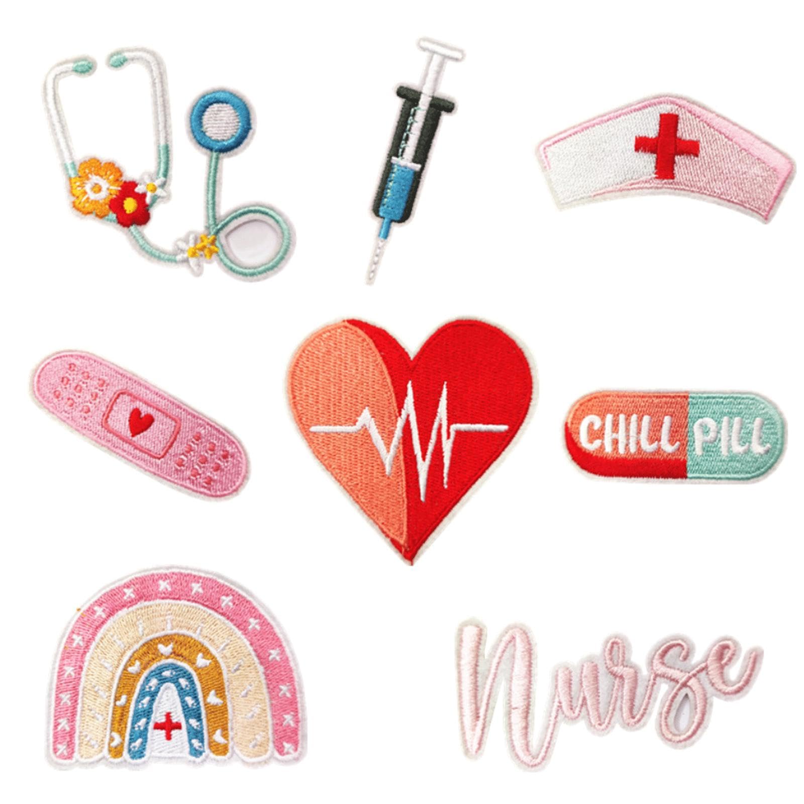 8 Pcs Nurse Embroidered Patches,Cute Medical Nursing Sew Iron on Applique Decorative Repair Patch Emblem Nurse's Day Gifts,Embroidered Sew On/Iron on Patches for Backpacks,Jeans,Clothes DIY Craft