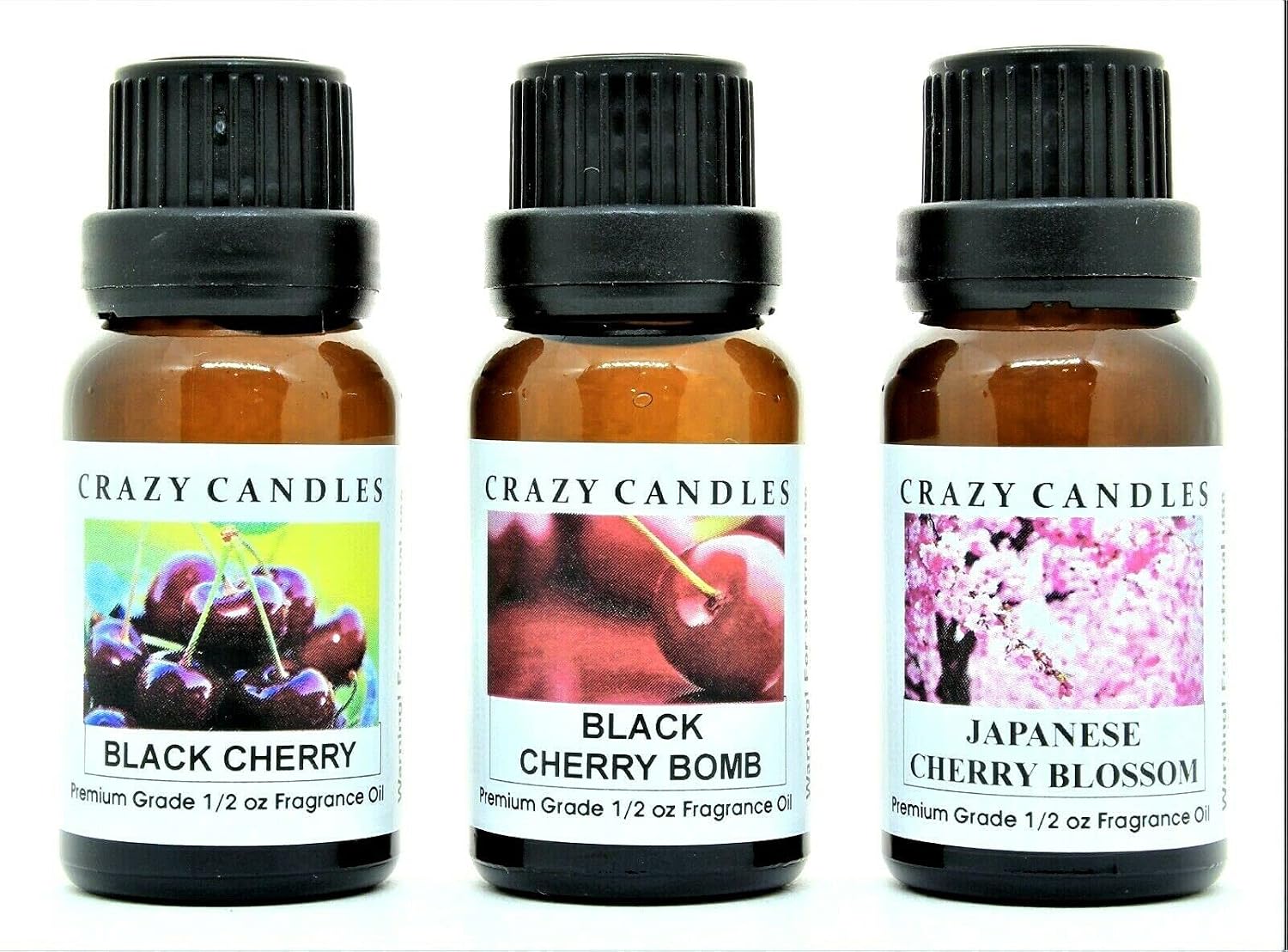3 Bottles Set, 1 Black Cherry, 1 Black Cherry Bomb, 1 Japanese Cherry Blossom 1/2 Fl Oz Each (15ml) Premium Grade Scented Fragrance Oils by Crazy Candles