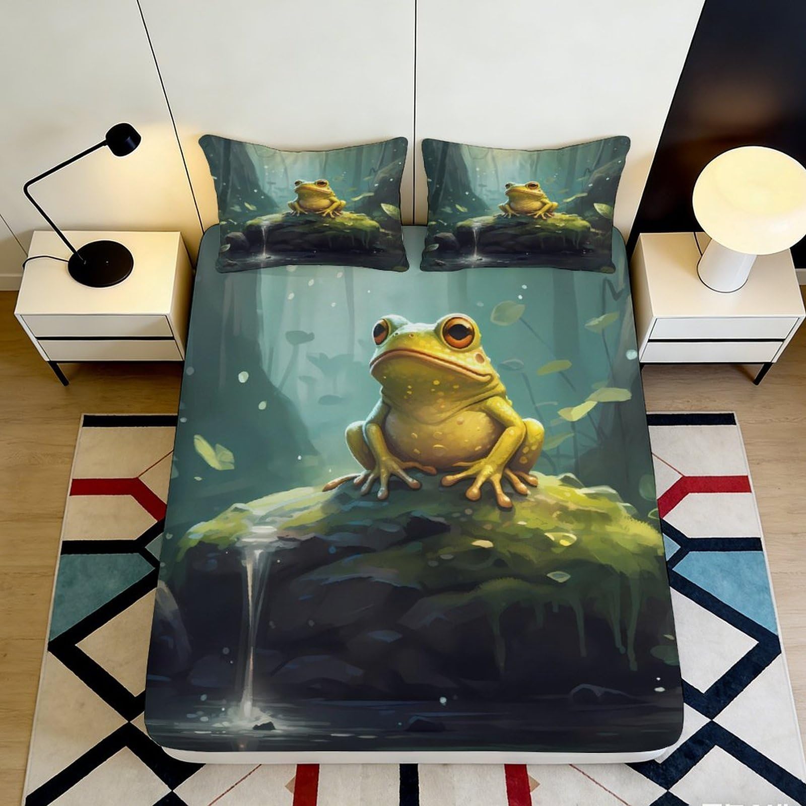 Pnayamiorkfel Style-2 3D Printed Frog Forest Fitted Sheet Microfiber Soft Anti-Slip Bedroom Decor Pond Scene Mattress Cover 90X200x25cm
