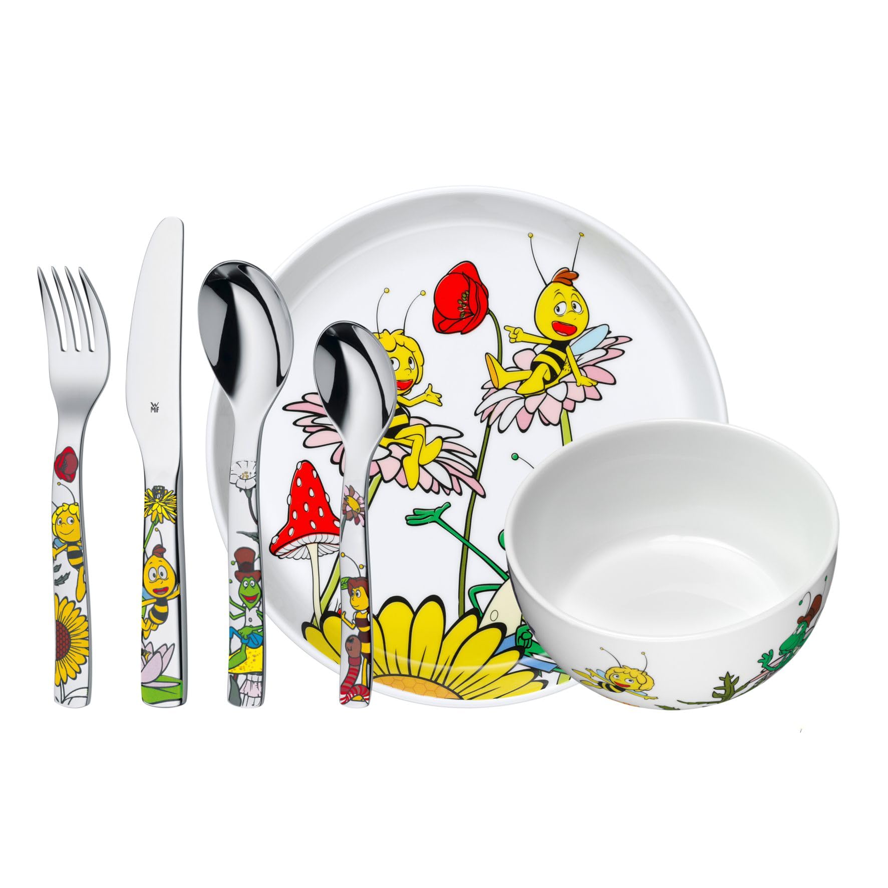 WMF Kindergeschirr Set Biene Maja 6-teilig mit Gravur – Personalisiertes Kindergeschirr mit Namen – Porzellan Teller & Schale mit Kinderbesteck – Geschenk für Mädchen und Jungen ab 3 Jahre