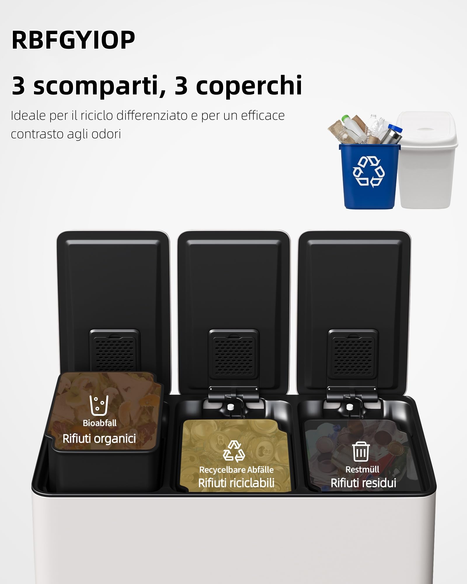 Cubo de basura 3 x 15 l de metal con pedal para recogida selectiva, uso doméstico, uso comercial, cestas separadas, recogida selectiva eficiente, diseño ahorra espacio
