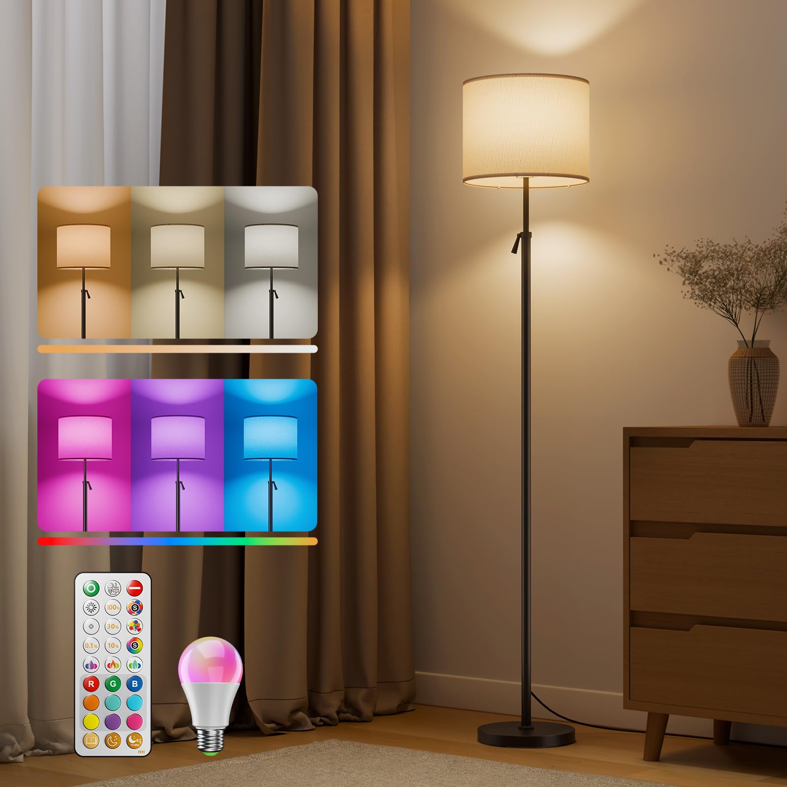 VARICART Lámpara De Pie Salon, Regulable Lamparas De Pie Para Salon Modernas LED Con Bombilla RGBCW 10W De Cambio De Color, Lampara Negra Con Pantalla Para Dormitorio, Oficina Stehleuchte