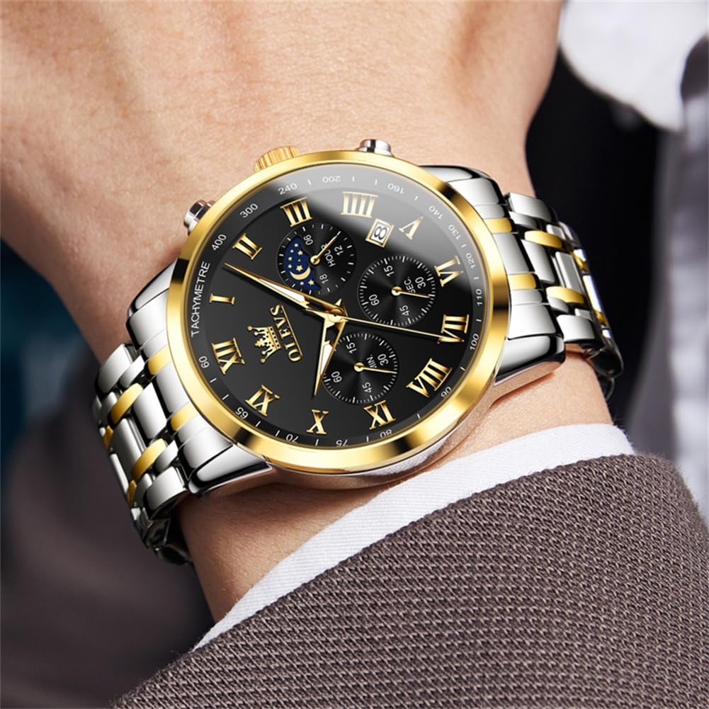 OLEVS Mens Watches Luxury Big Face Waterproof Stainless Steel Analog Quartz Multifunctional Luminous Date Two Tone Fashion Dress Wrist Watches for Man - Image 7