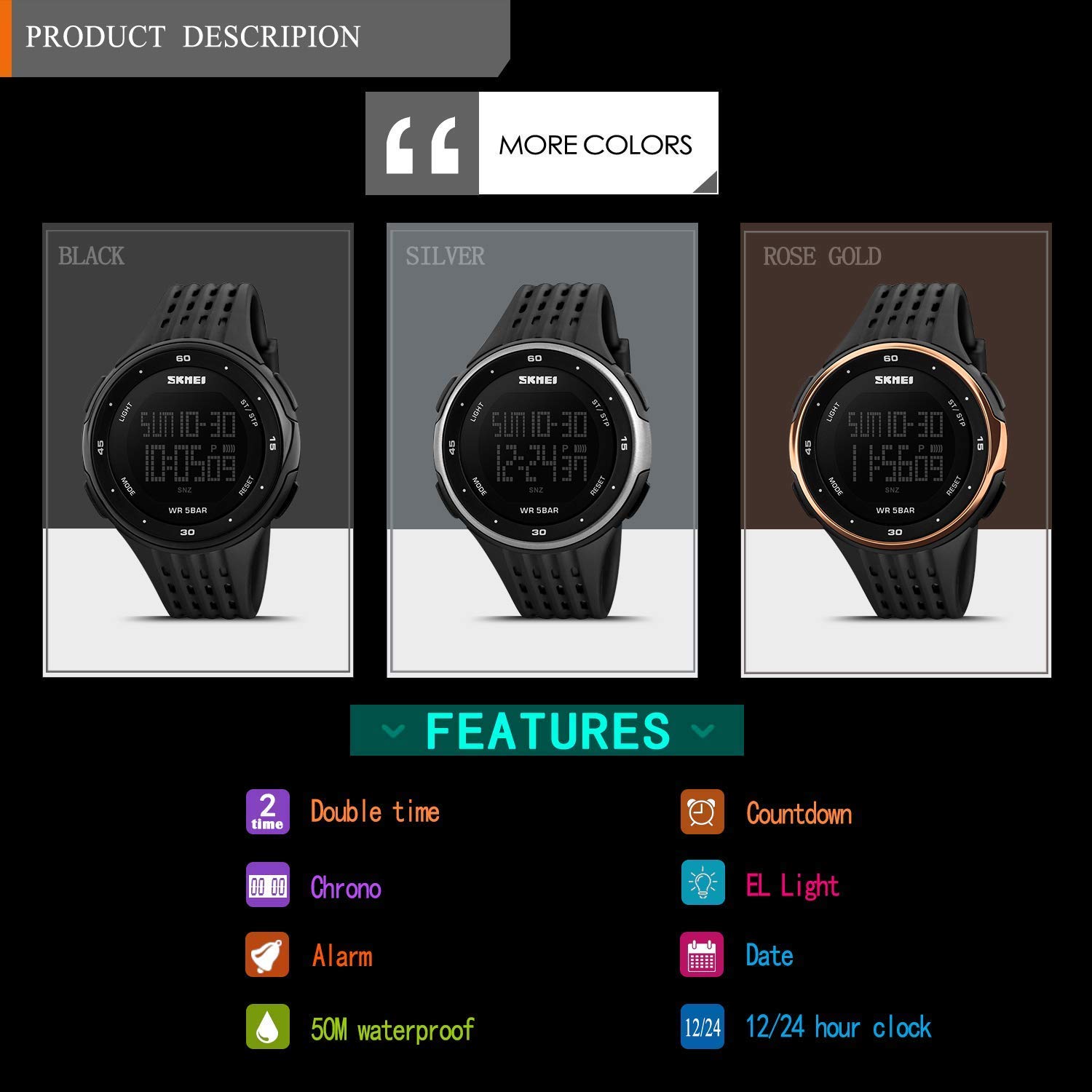 JewelryWe Reloj Digital Deportivo para Hombres, Tiempo Dual Multifunciones Reloj Grande, 5ATM Impermeable Relojes para Aire Libre, Regalo para Chicos Adolescentes