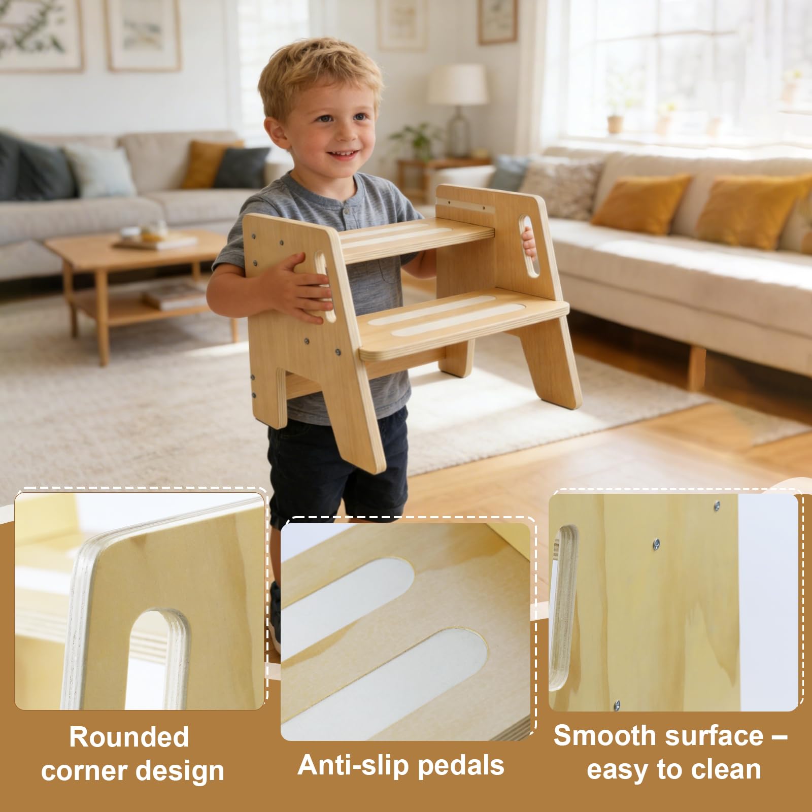 Sgabello in Legno per Bambini a 2 Gradini Regolabile Antiscivolo 150 kg