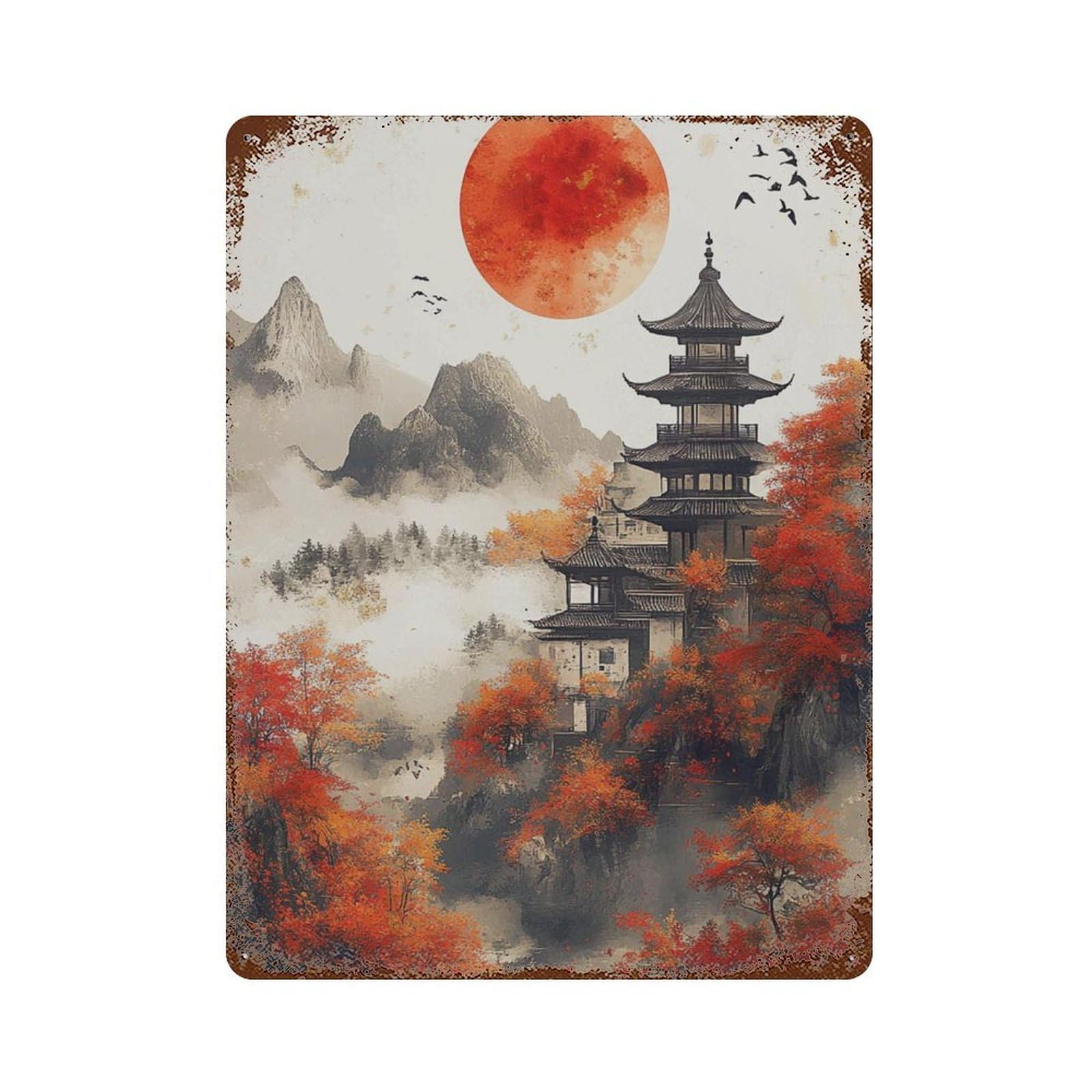 xiaoxiaoshen Japanese Pagoda Red Sun Landscape Oriental Wall Decor Art Metal Tin Poster Modern Home Decor Art Home Bar Shop Decorations Vintage Sign 40x30cm