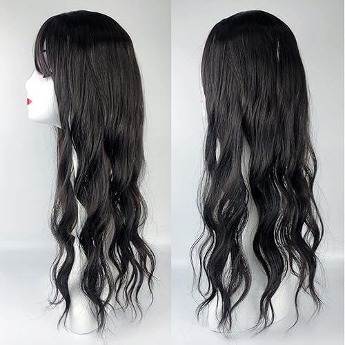 Miniatura 7 de Largo 21.7 in Naturaleza suelta ondulado pelo Topper una pieza clip en la parte media con flequillo romo Snythetic, peluca negro apagado