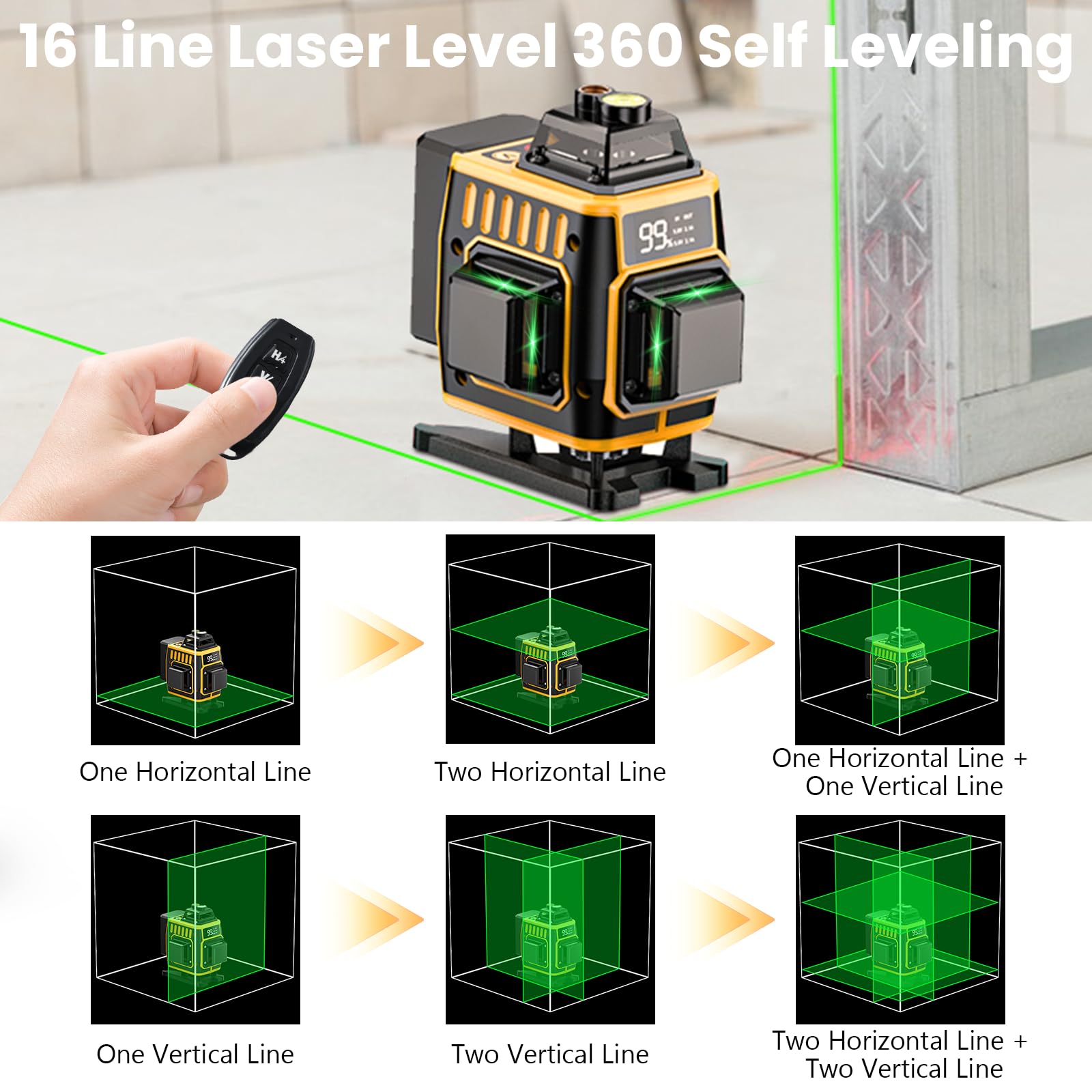 Nivel láser de Autonivelante 4x360°,4D 16 líneas Nivel Laser Cruzadas de Haz Verde,Láser Level Con Indicador de Potencia Horizontal/Vertical con 2x batería, Soporte Magnético, ajuste de brillo,remoto
