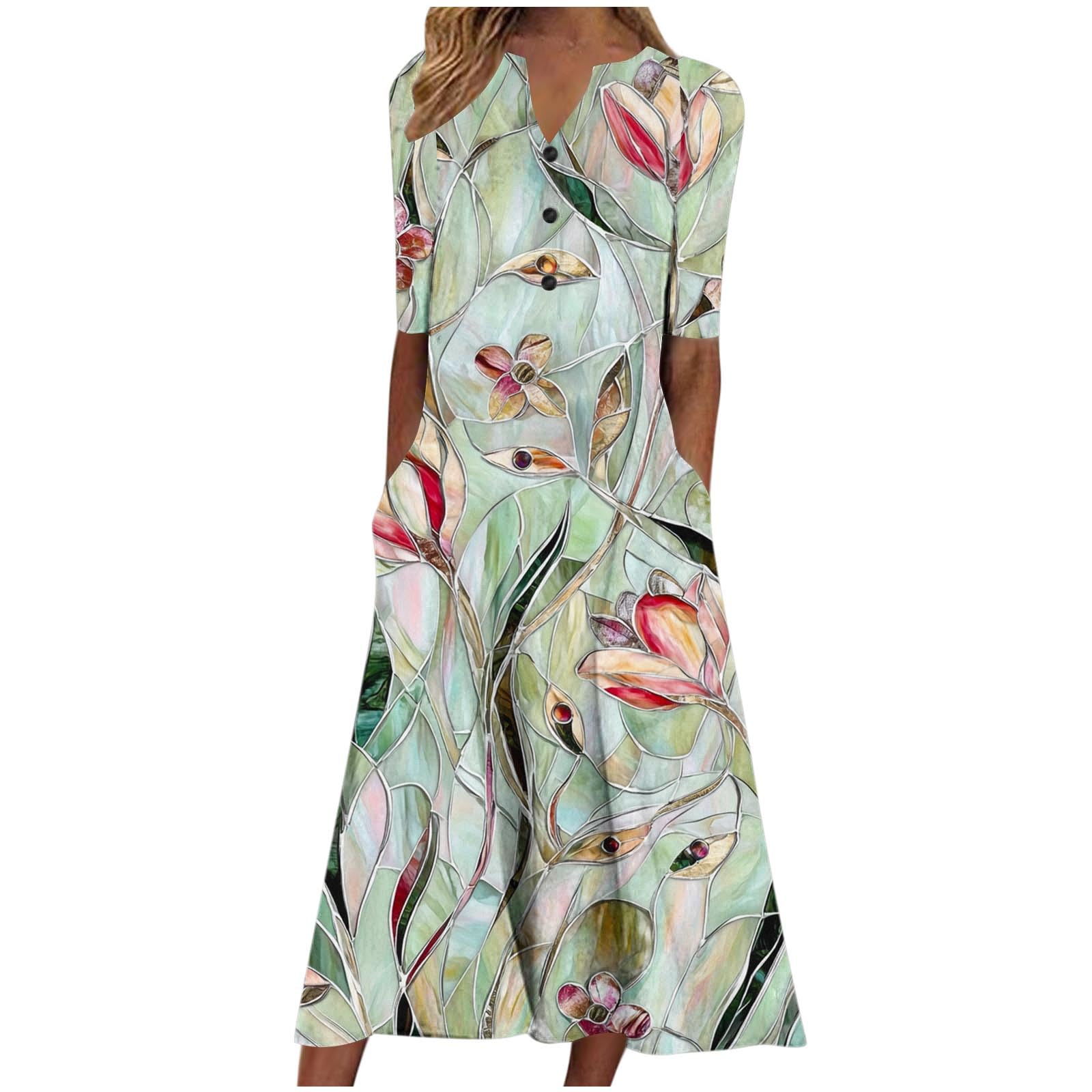 Womens Summer Dresses V Neck Floral Printed Midi Dress Casual Short Sleeve Flowy Vacation Sundresses with Pockets