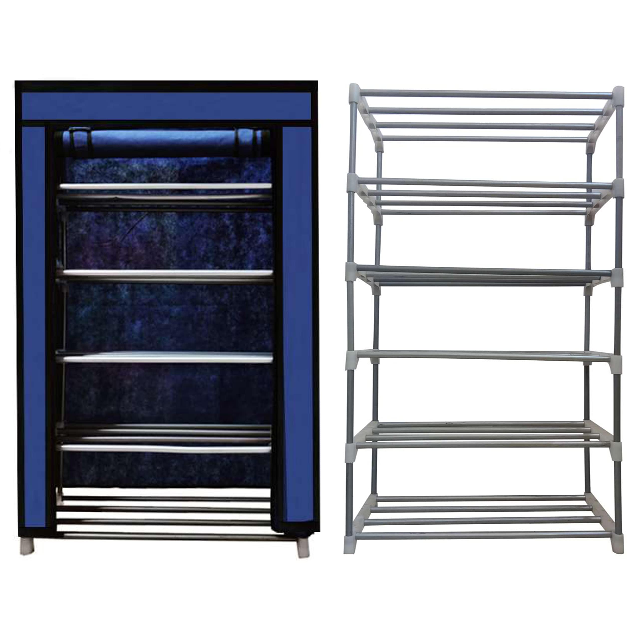 Collapsible Wardrobe 5 Tiers Metal Pipe with Non-Woven 100GSM Fabric Cover Shoe/Cloth/Toy/Books Rack-Dark Blue