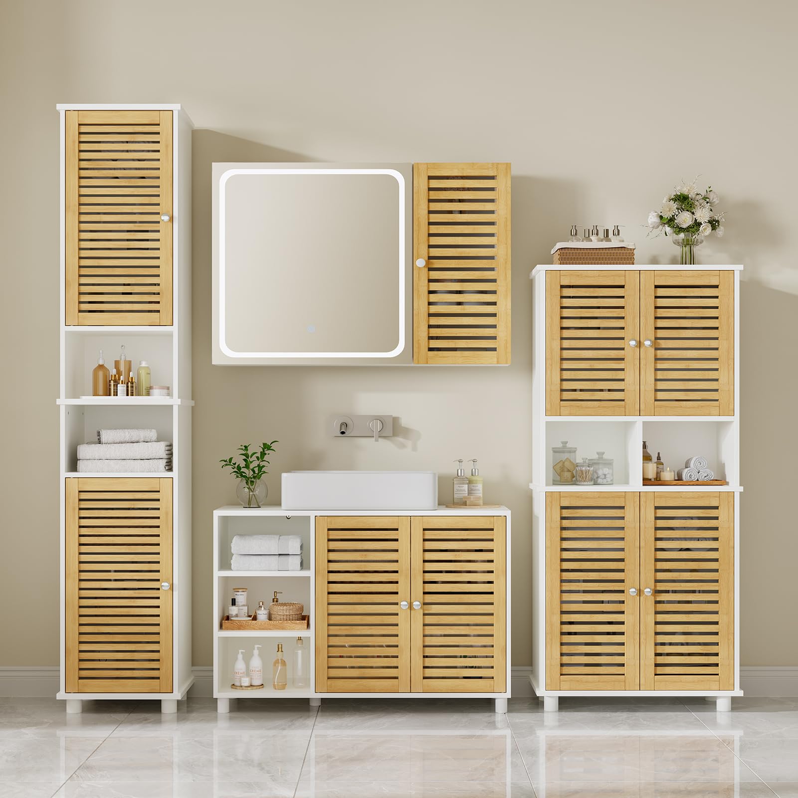 Meuble de Rangement, Meuble Colonne pour Salle de Bain avec 4 Portes en Bambou, 2 Étagères Réglables et Ouvertes, Armoire de Salle de Bain pour Salon et Cuisine, 60 x 30 x 128 cm, Blanc