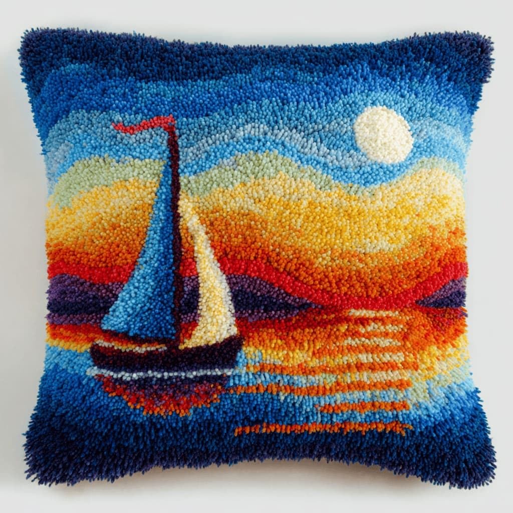 AxiangziK Latch Hook Cushion Kits,Sailboat DIY Needlework Pillow Cover Cushion Rug Making Kit,17X17Inch Handmade Embroidery Kits, Decorative Throw Pillow Cover for Sofa Cushions, Bedroom Decor