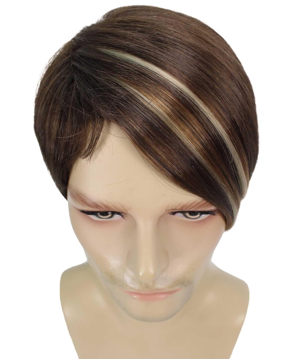 HPO Adult Men's Light Brown Dark Blonde Highlights Stefon Wig with Sideburns, Long Layered Side Part, Perfect for your next Halloween and Holiday Party!