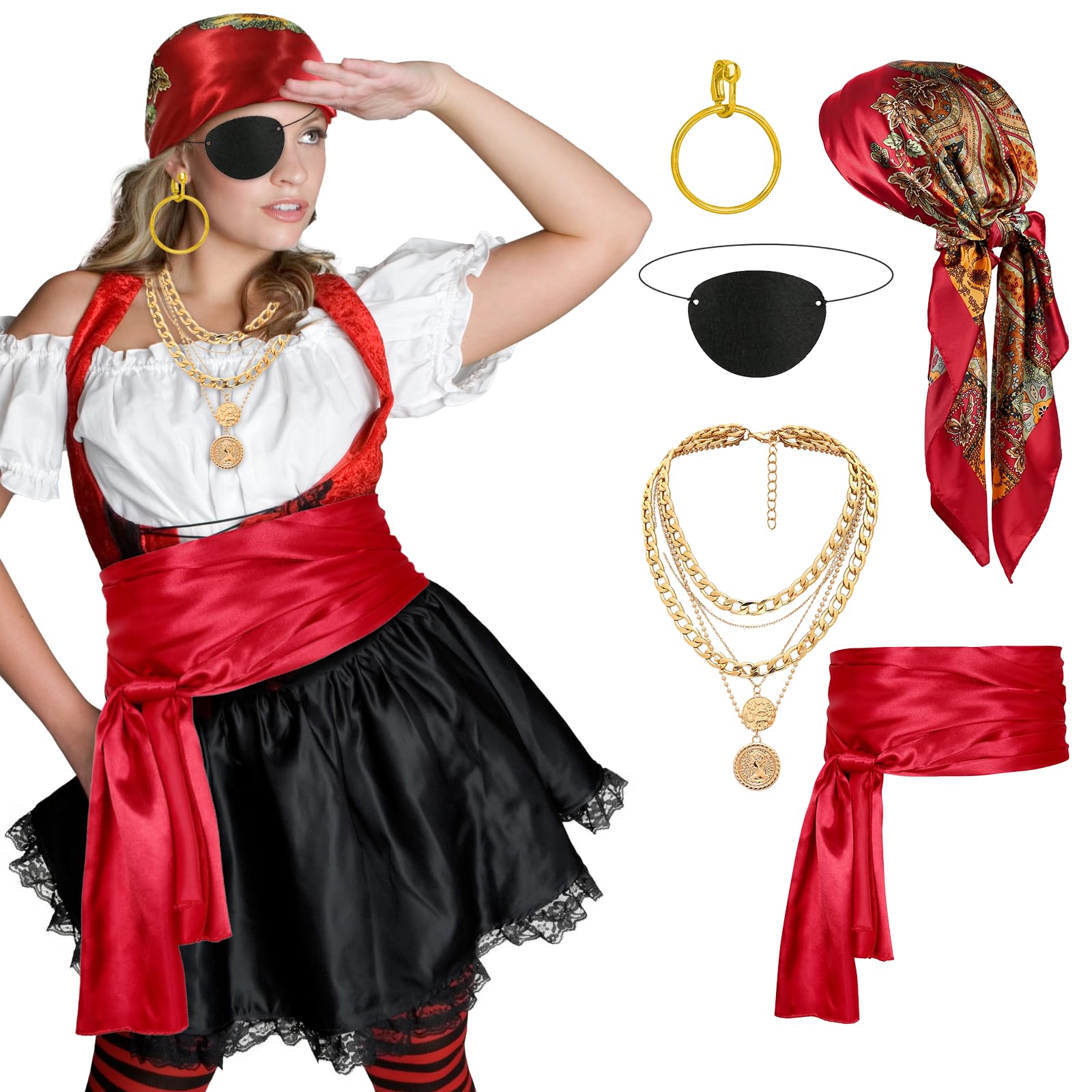 Applysu 5PCS Pirate Costume Accessories for Women Men Pirate Accessories Set including Bandana,Necklace