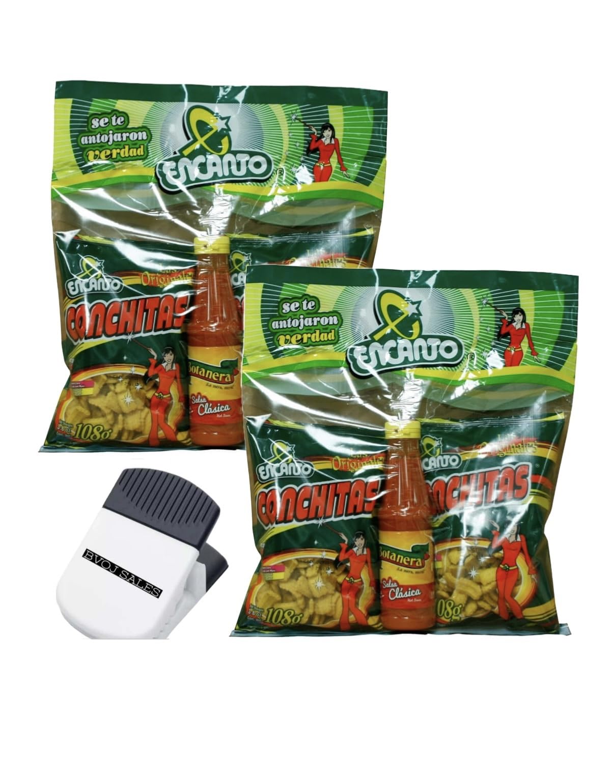 Encanto Conchitas Chips & La Botanera Salsa Clasica Hot Sauce Combo Bag 2 Pack And (1) BVOJ SALES Clip