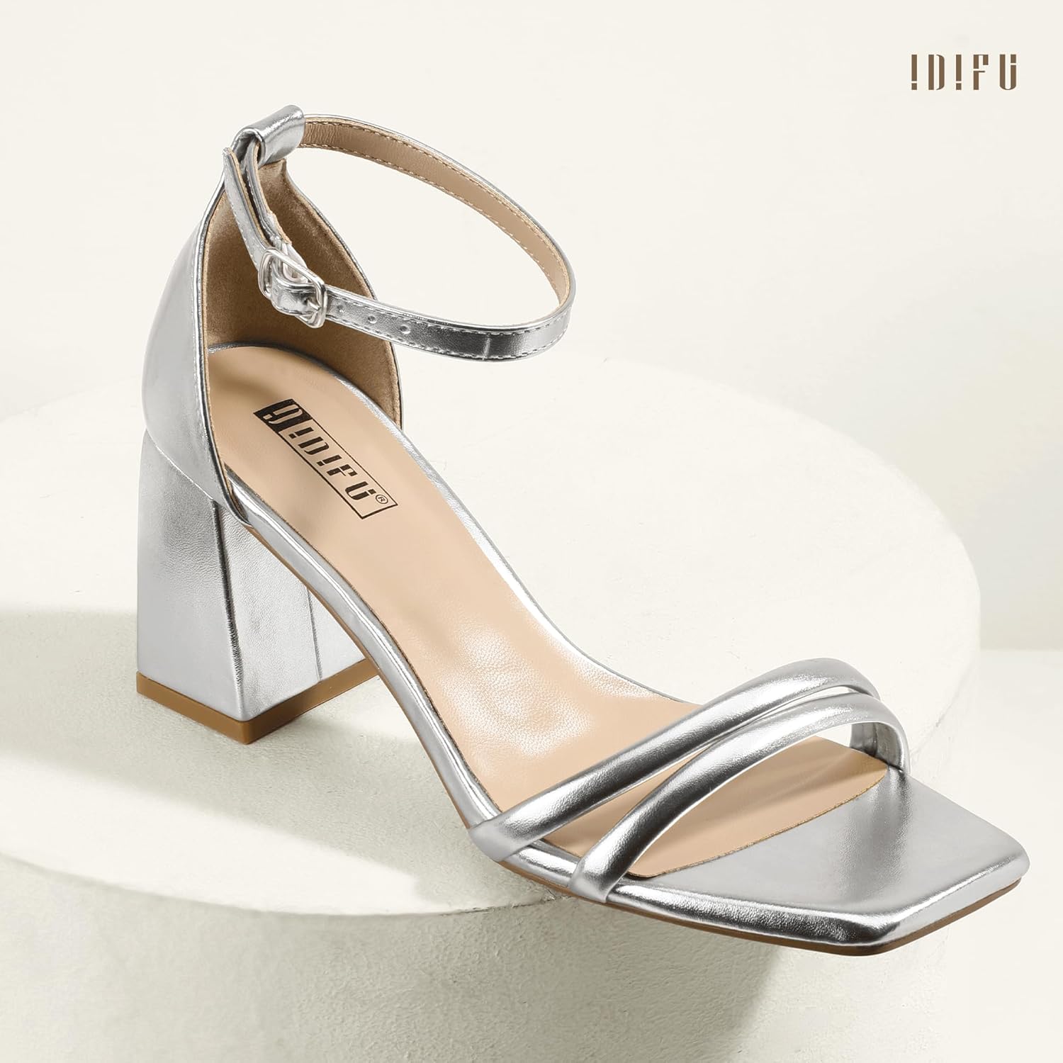 IDIFU IN3 Strappy Chunky Block Low Square Open Toe Heels Dress Shoes for Women Dressy Wedding Prom Bridal Bridesmaid Shoes Ankle Strap Heeled Sandals Comfortable Cute Trendy Short Thick Heels - Image 5