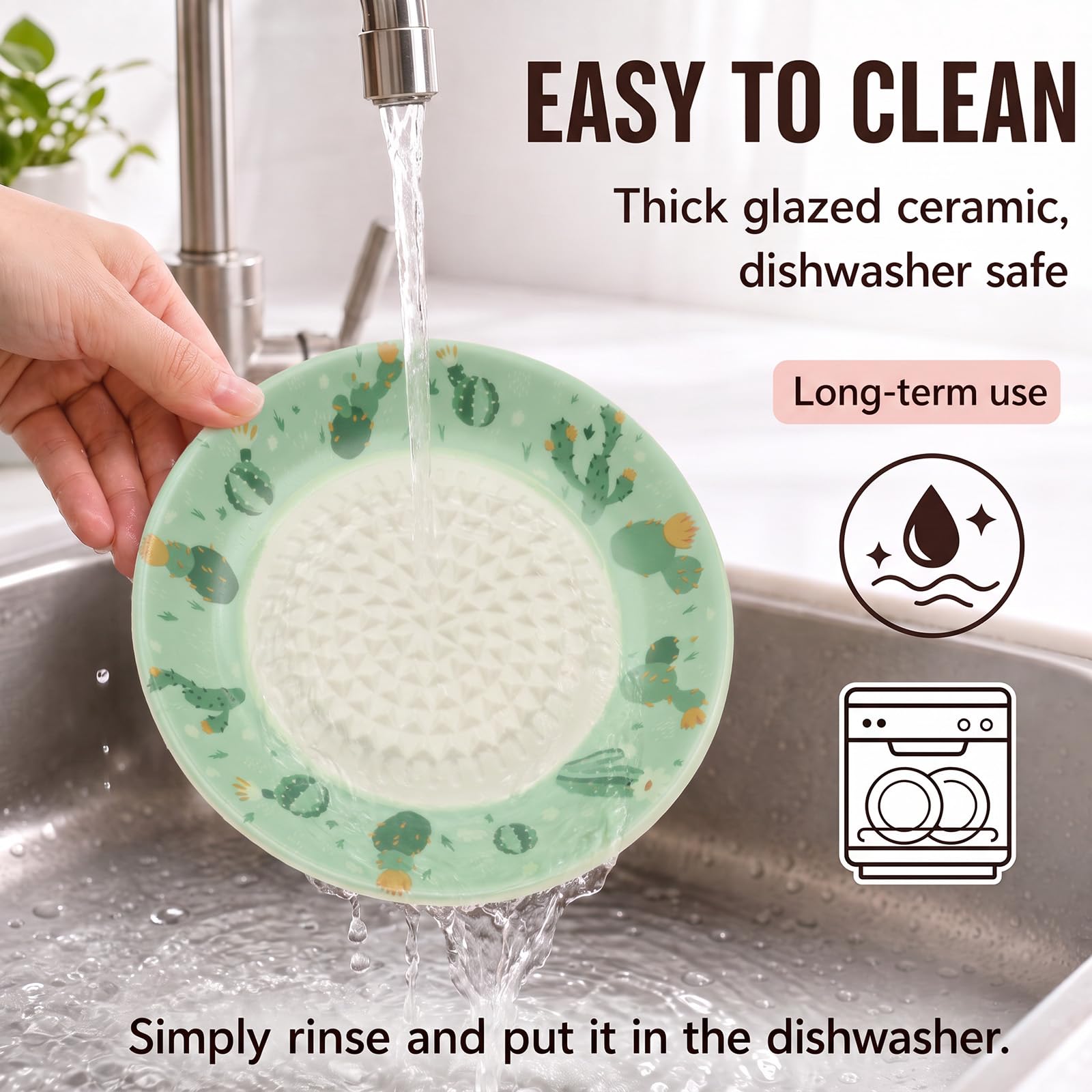 Garlic Grater Plate Set including Brush and Peeler, Dishwasher Microwave Safe, Green Cactus - Image 6