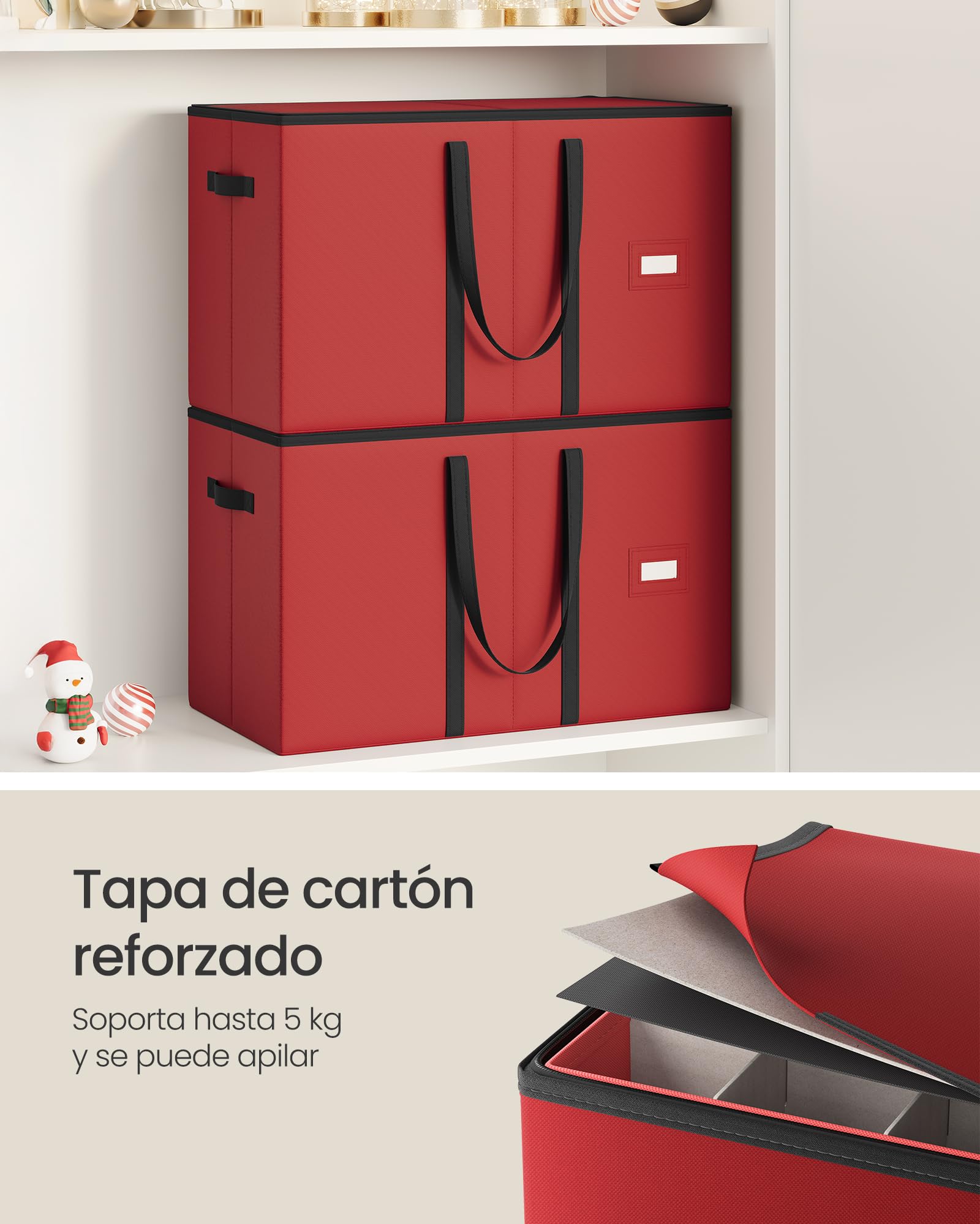 SONGMICS Caja Almacenaje para Bolas de Navidad y Decoraciones Navideñas, Juego de 2, con Tapa y Doble Cremallera, 16 Bandejas, Tela Oxford 600D, 256 Compartimentos de 7,6 cm, Rojo Cereza RFB043R01