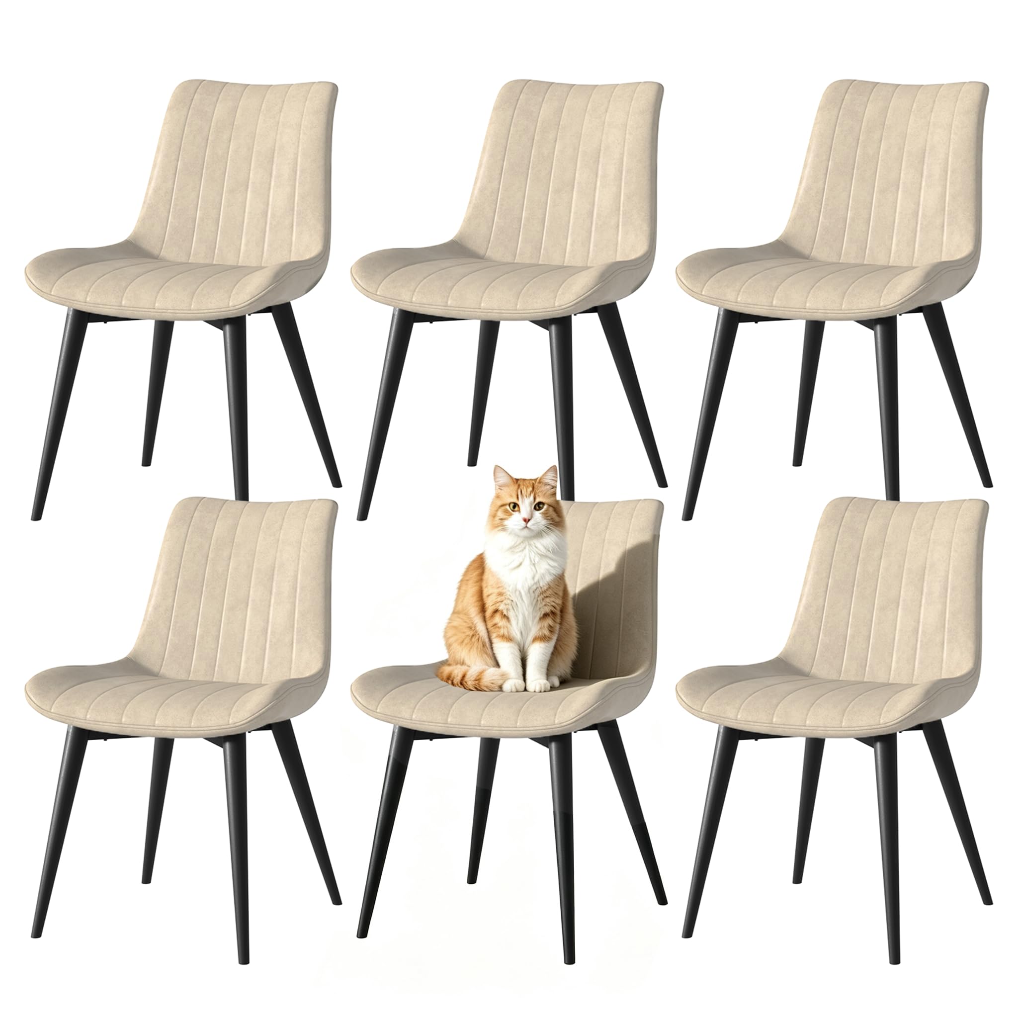 Dining Chairs Set of 6, Modern Faux Leather Upholstered Dining Room Chairs with Sturdy Metal Legs, Mid-Century Style Comfortable Seating for Kitchen, Living Room, Office, and Dining Room, Beige — image 1